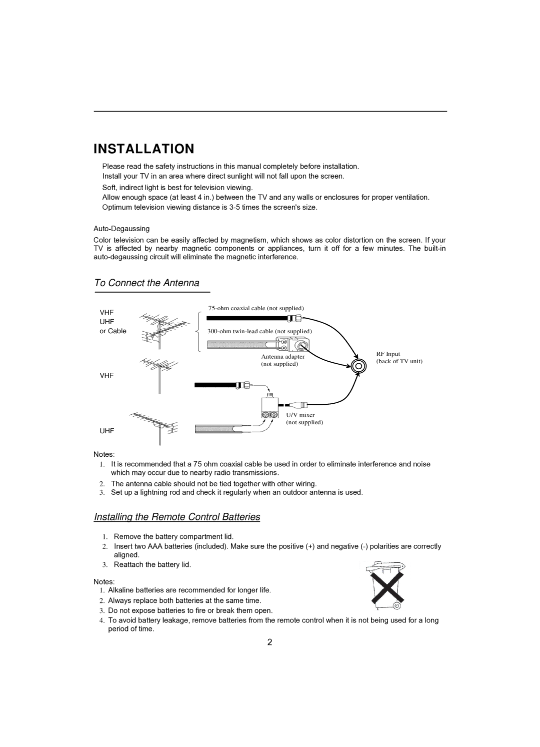 Akai CT-2107ASF operation manual Installation 