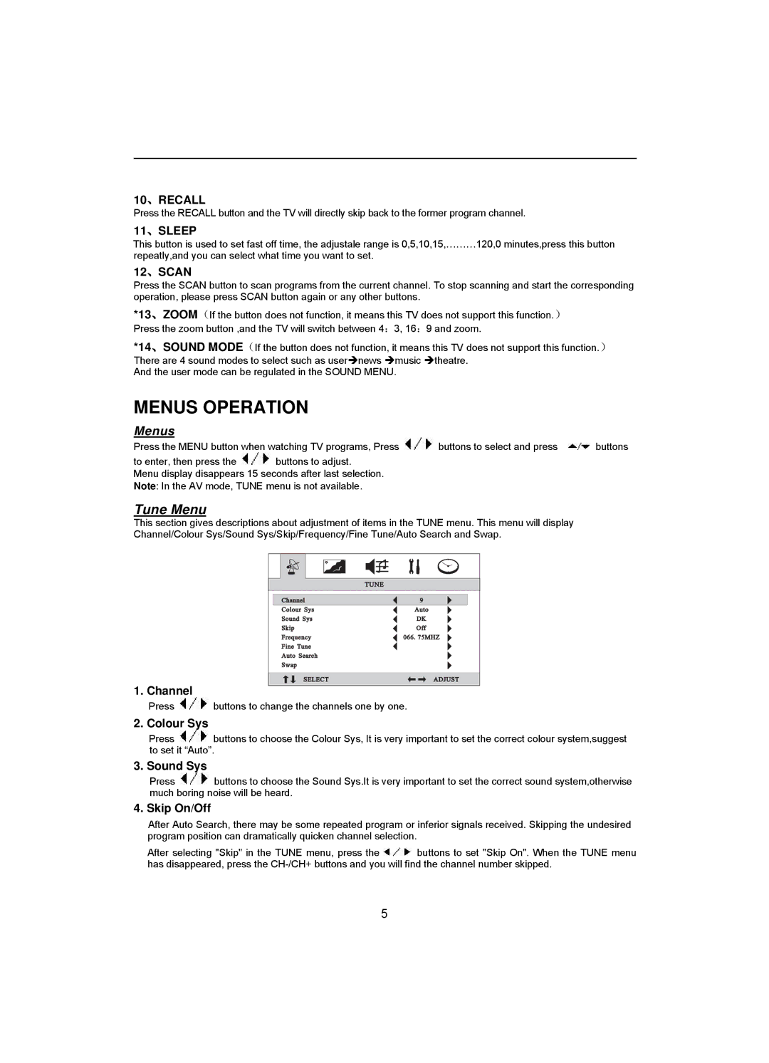 Akai CT-2108APF operation manual Colour Sys, Sound Sys, Skip On/Off 