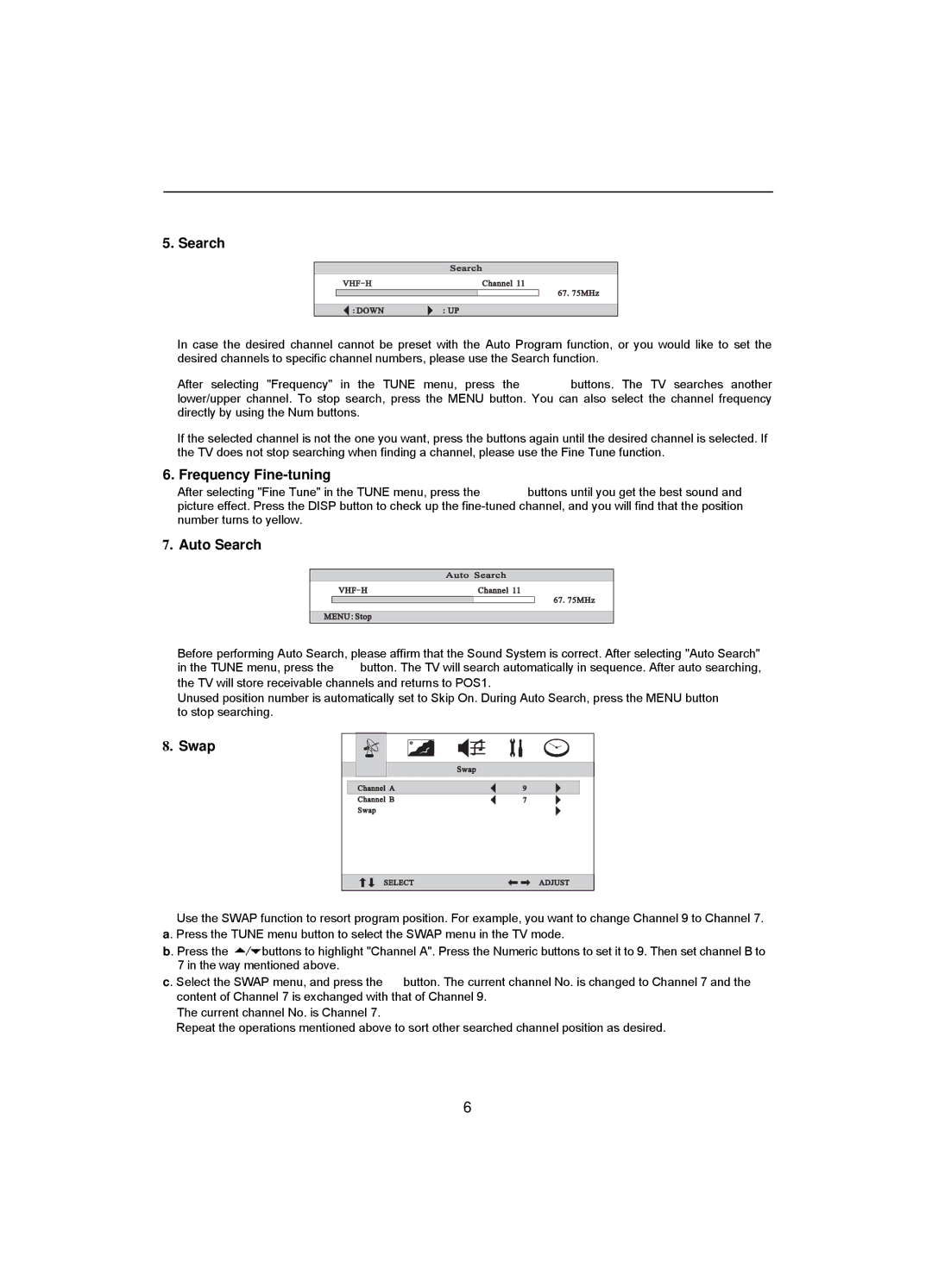 Akai CT-2108APF operation manual Frequency Fine-tuning, Auto Search, Swap 