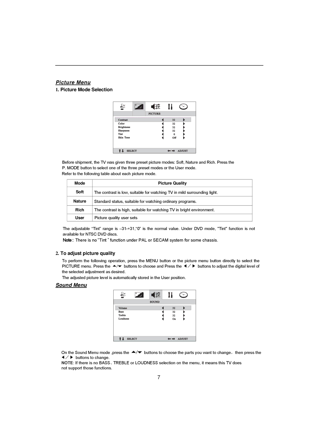 Akai CT-2108APF operation manual Picture Mode Selection, To adjust picture quality 