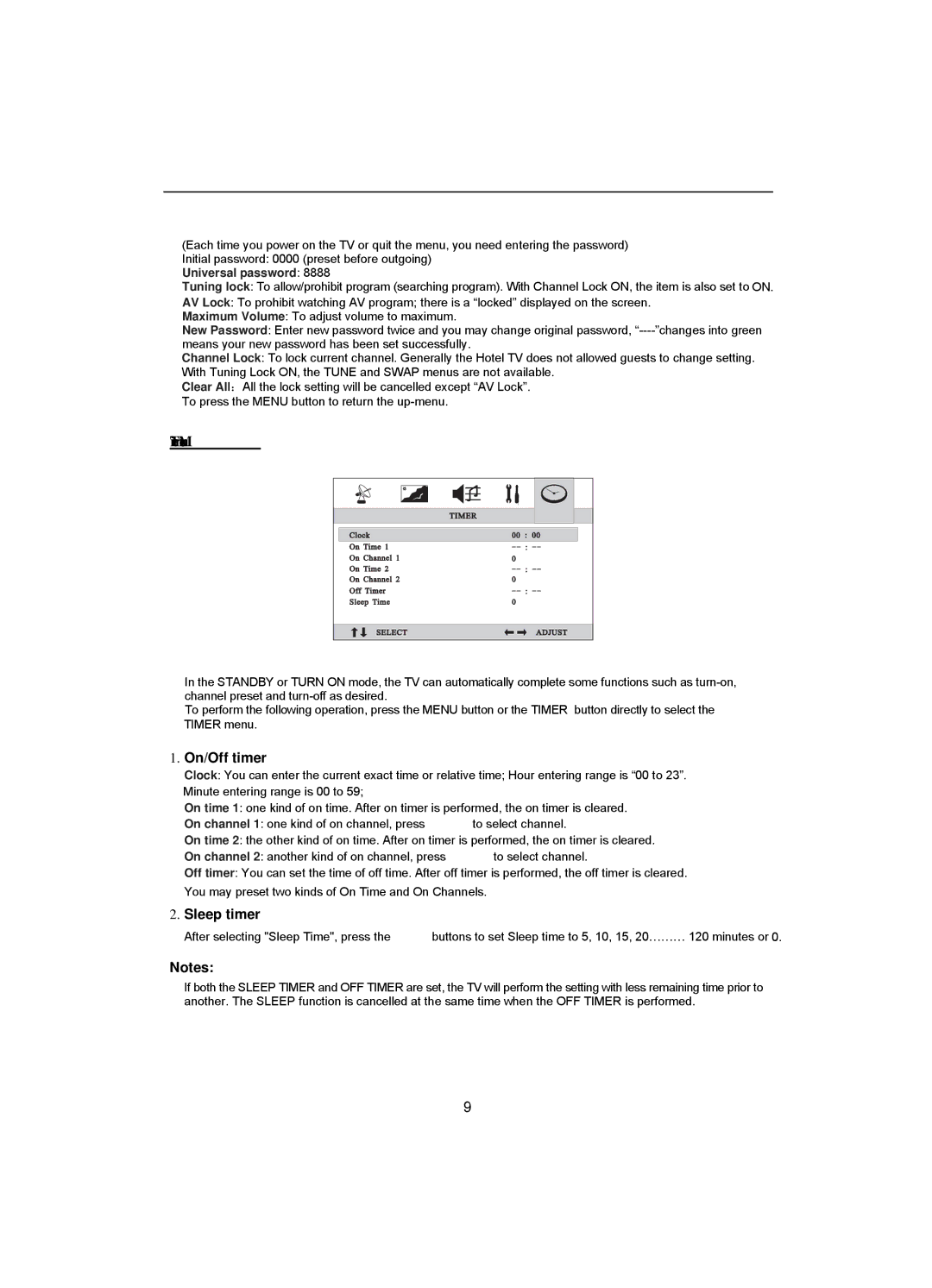 Akai CT-2108APF operation manual On/Off timer, Sleep timer 