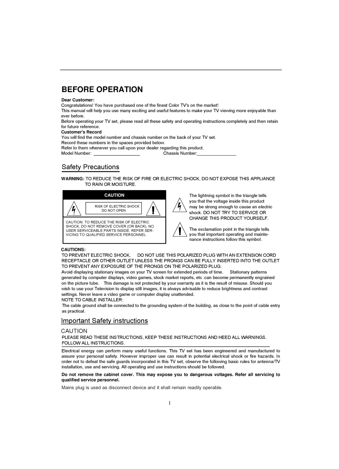 Akai CT-2108APF operation manual Before Operation 