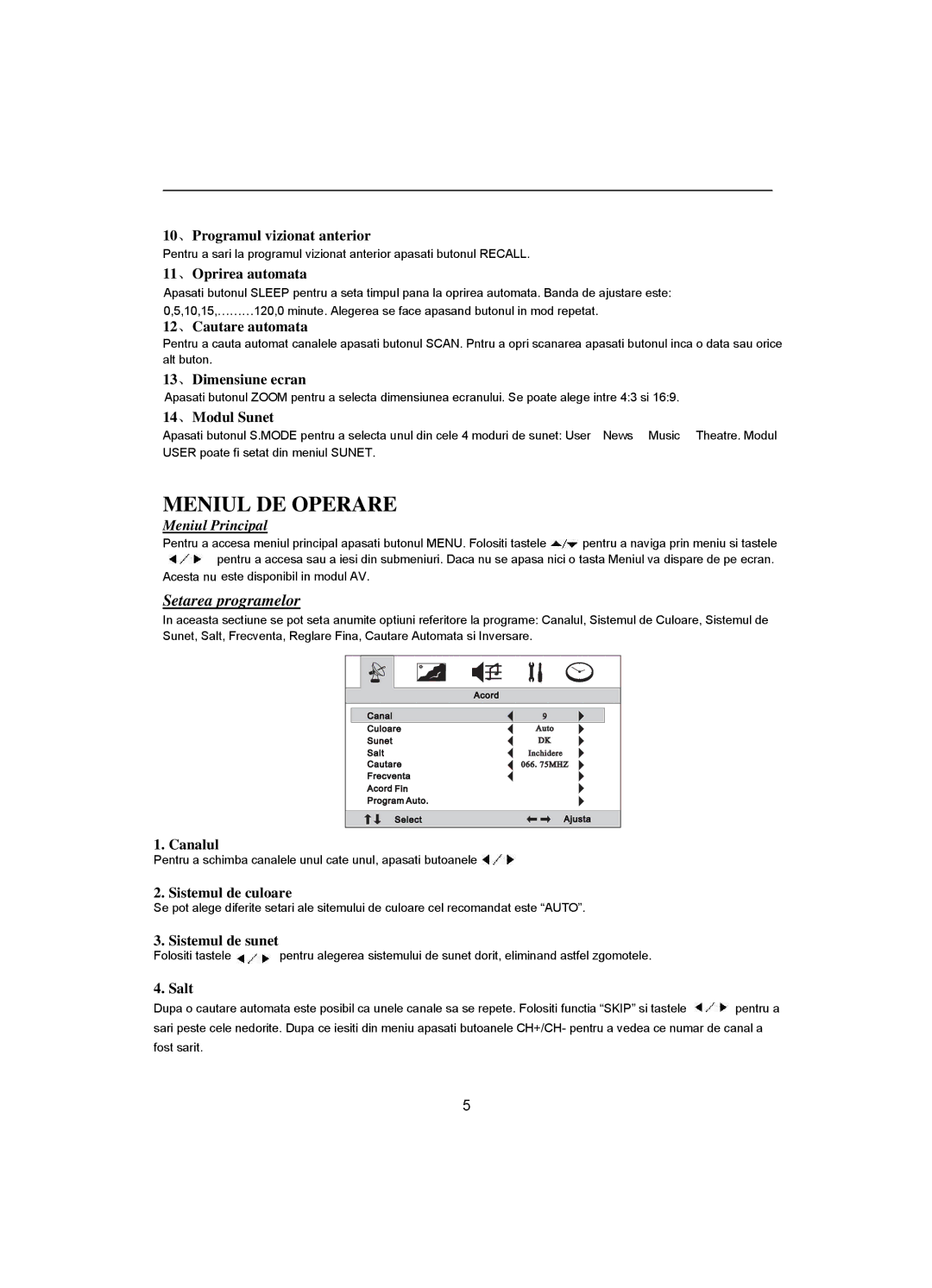 Akai CT-2108APF 10、Programul vizionat anterior, 11、Oprirea automata, 12、Cautare automata, 13、Dimensiune ecran, Canalul 