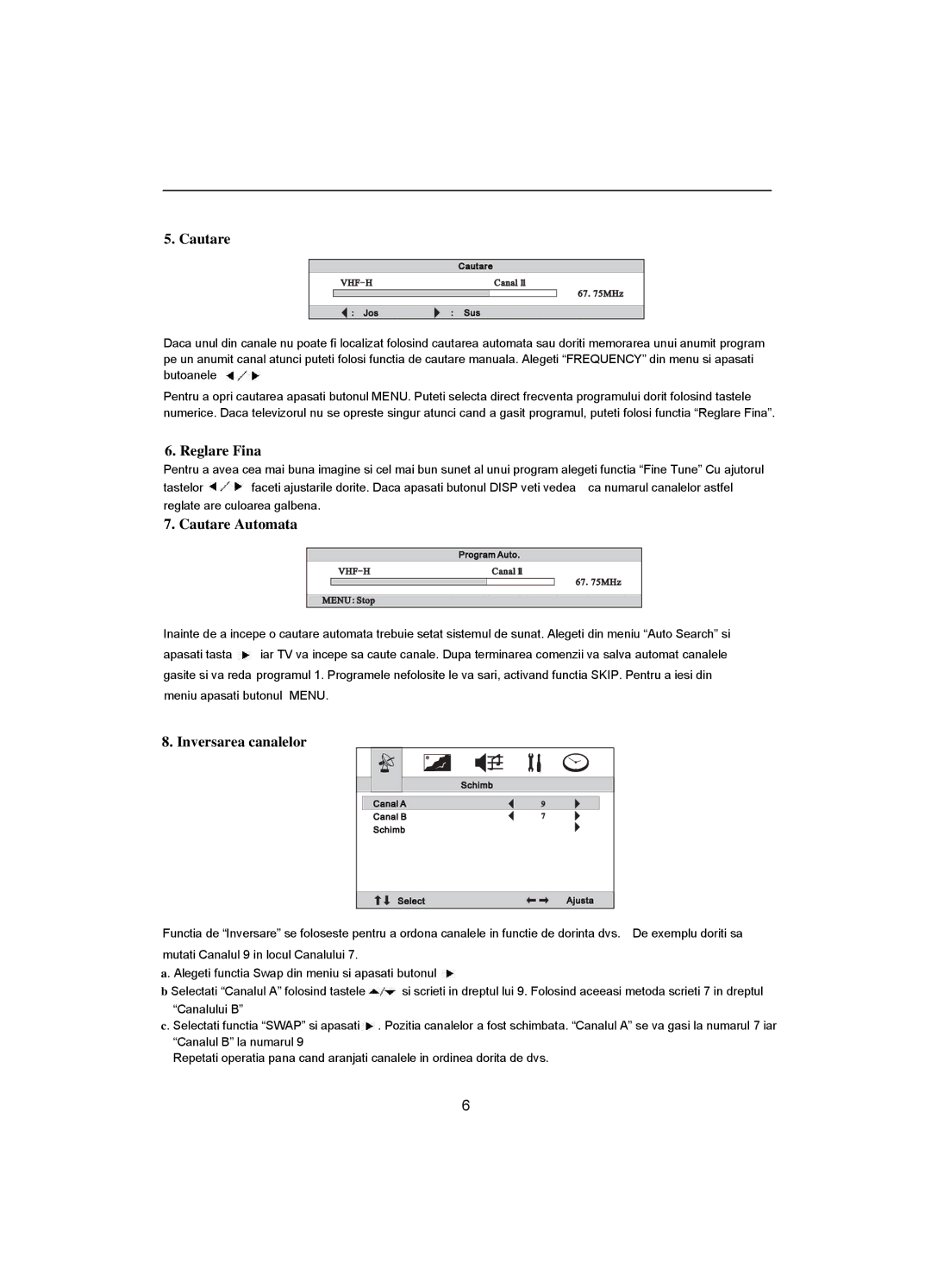 Akai CT-2108APF operation manual Reglare Fina, Cautare Automata, Inversarea canalelor 