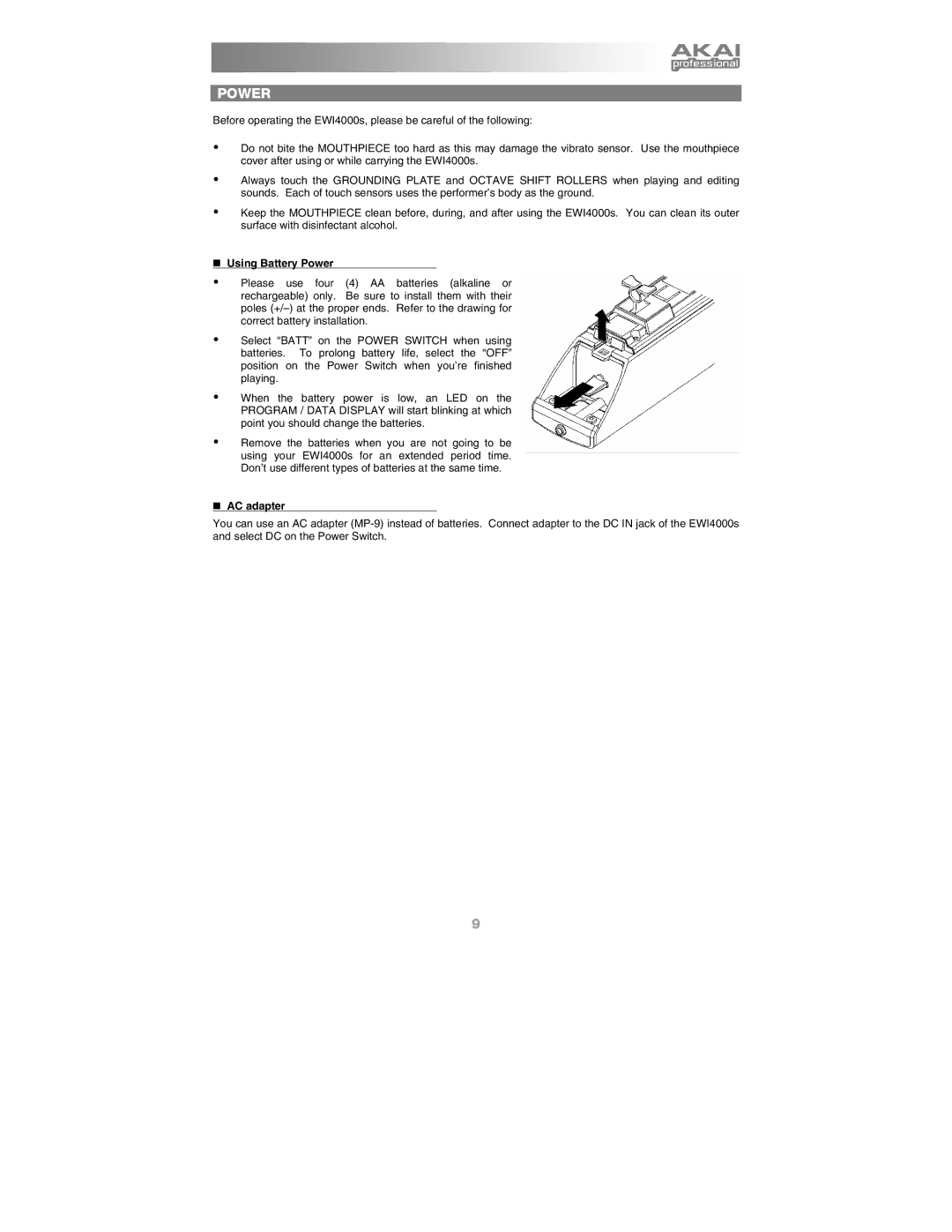 Akai Ewi4000s manual „ Using Battery Power, „ AC adapter 