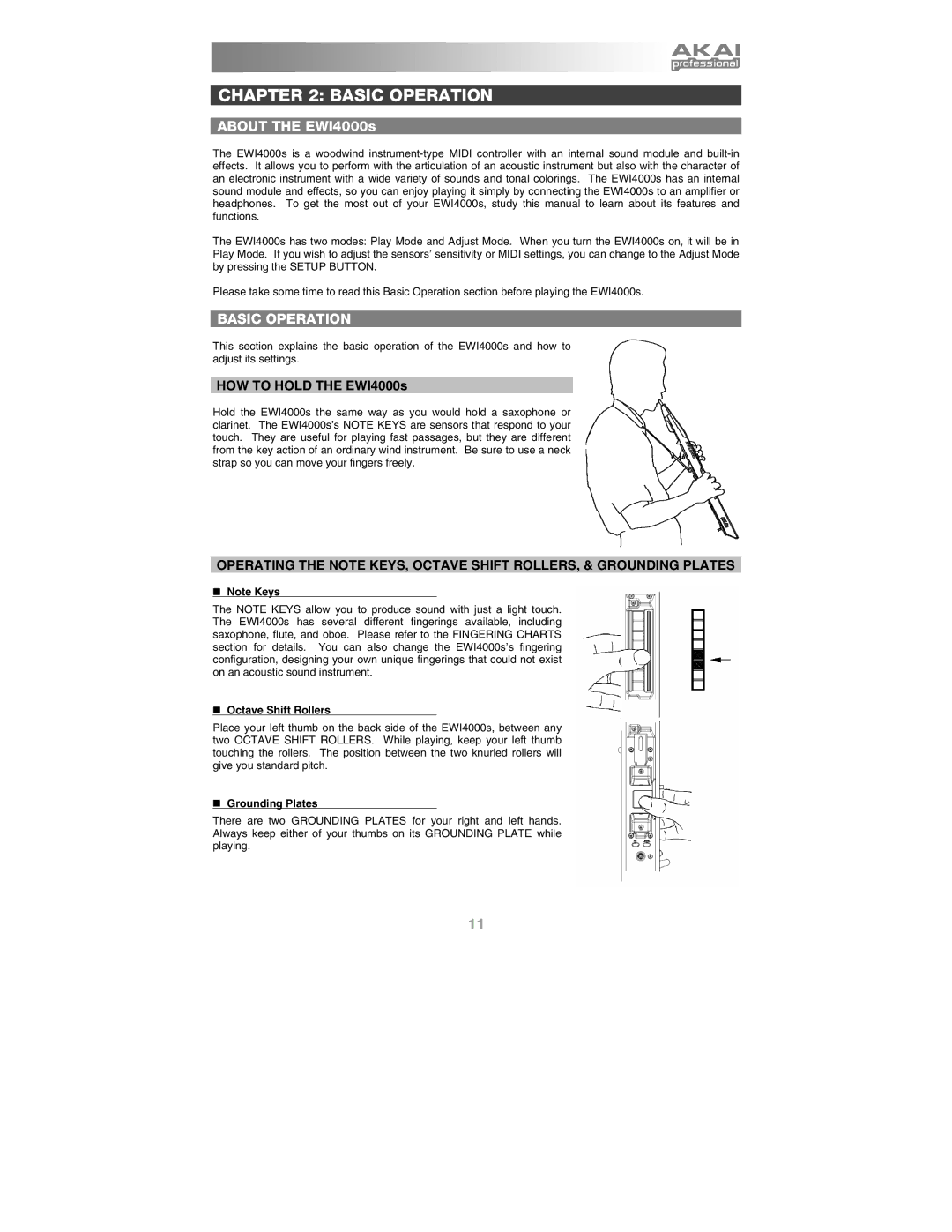 Akai Ewi4000s manual Basic Operation, „ Note Keys „ Octave Shift Rollers, „ Grounding Plates 