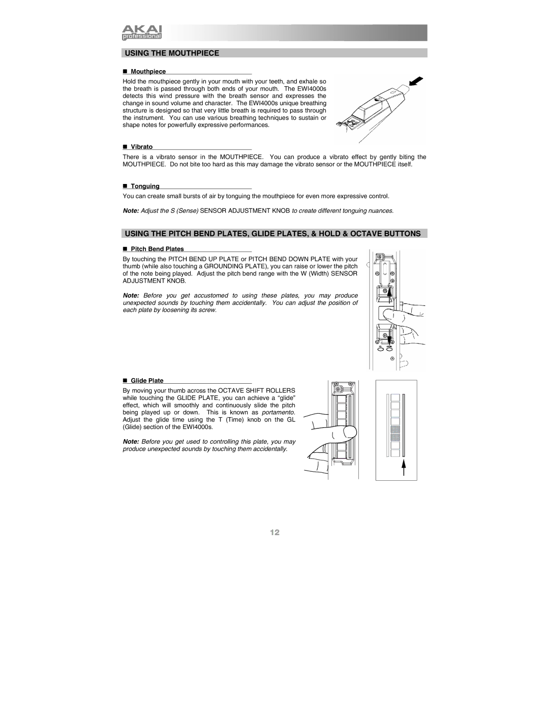 Akai Ewi4000s manual „ Mouthpiece, „ Vibrato, „ Tonguing, „ Pitch Bend Plates, „ Glide Plate 