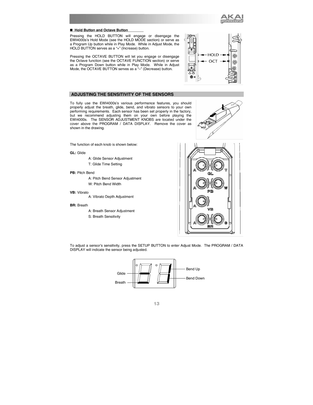 Akai Ewi4000s manual Adjusting the Sensitivity of the Sensors, „ Hold Button and Octave Button 