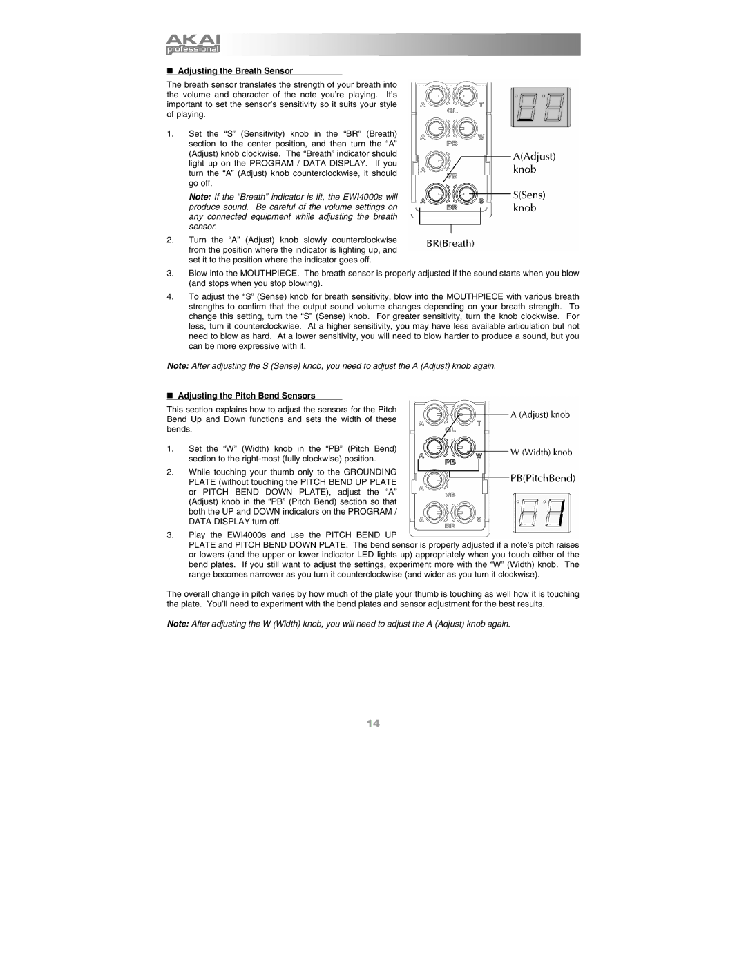 Akai Ewi4000s manual „ Adjusting the Breath Sensor, „ Adjusting the Pitch Bend Sensors 