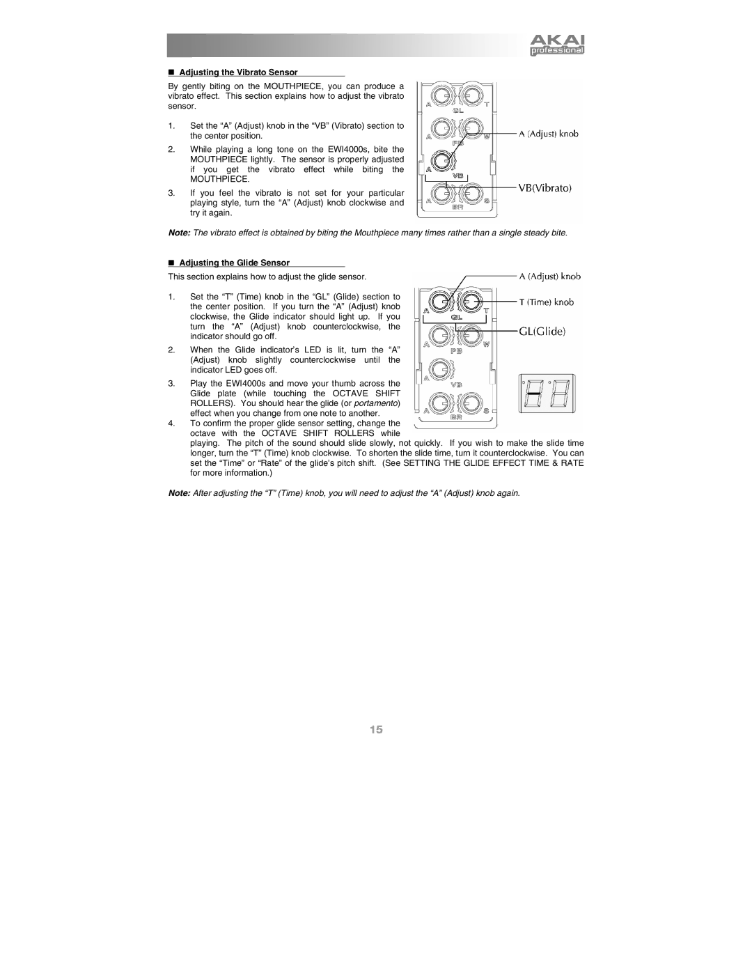 Akai Ewi4000s manual „ Adjusting the Vibrato Sensor, „ Adjusting the Glide Sensor 