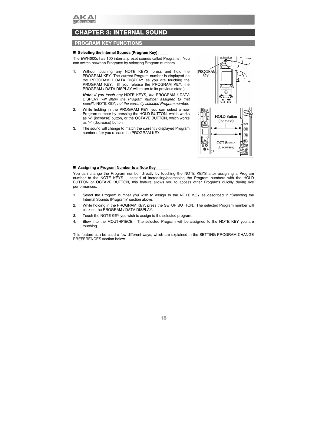 Akai Ewi4000s manual Program KEY Functions, „ Selecting the Internal Sounds Program Key 