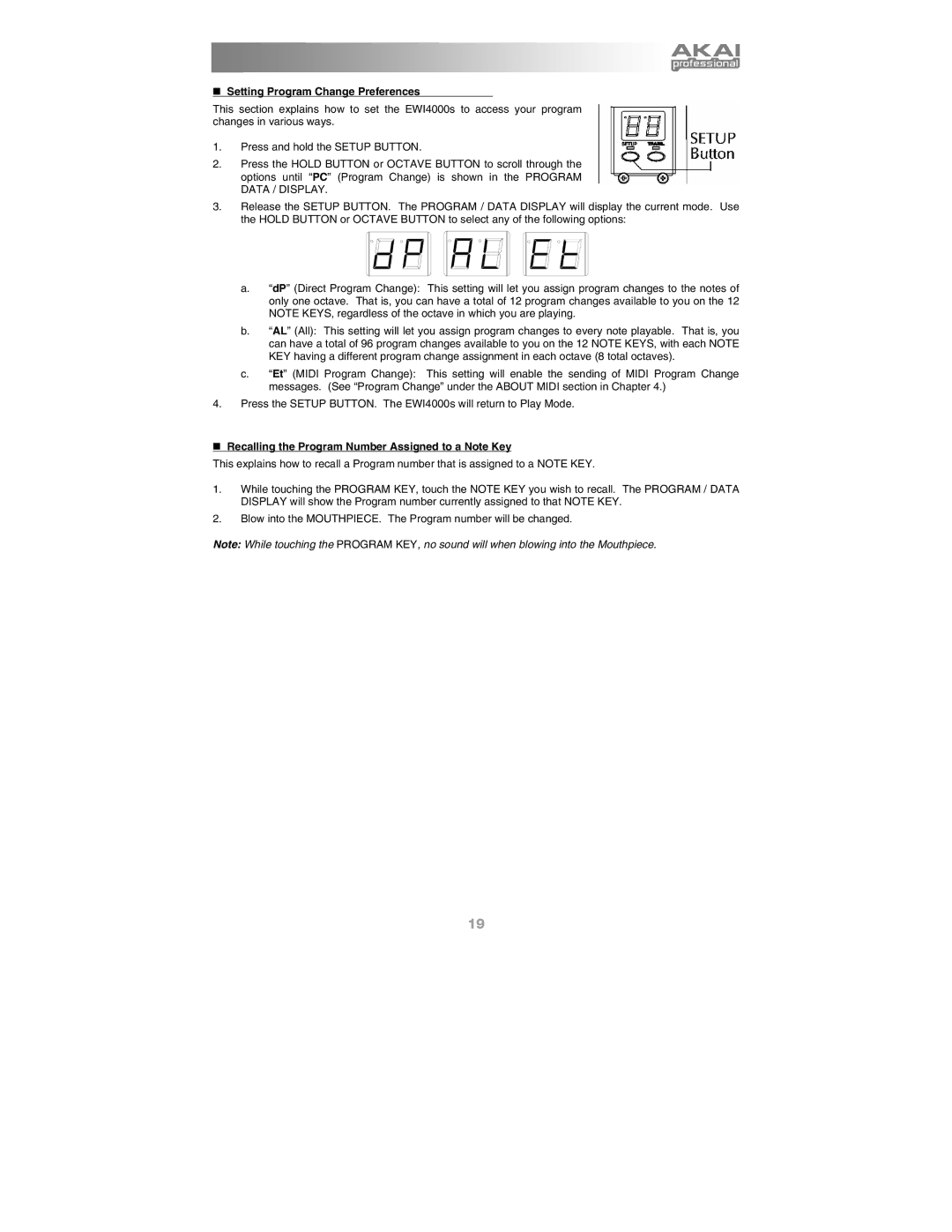 Akai Ewi4000s manual „ Setting Program Change Preferences, „ Recalling the Program Number Assigned to a Note Key 