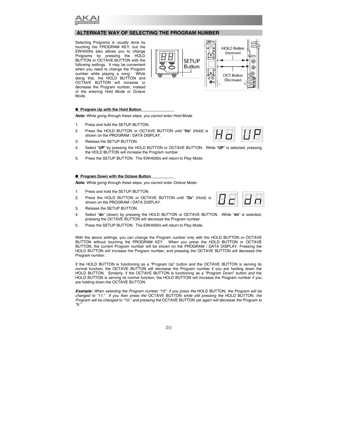 Akai Ewi4000s manual „ Program Up with the Hold Button, „ Program Down with the Octave Button 