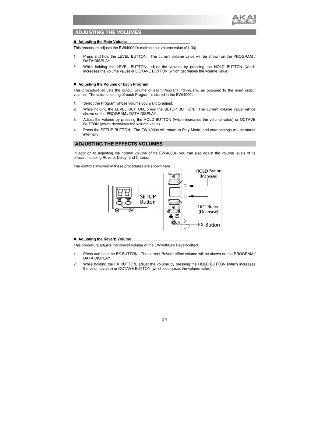 Akai Ewi4000s manual Adjusting the Volumes, „ Adjusting the Main Volume, „ Adjusting the Volume of Each Program 