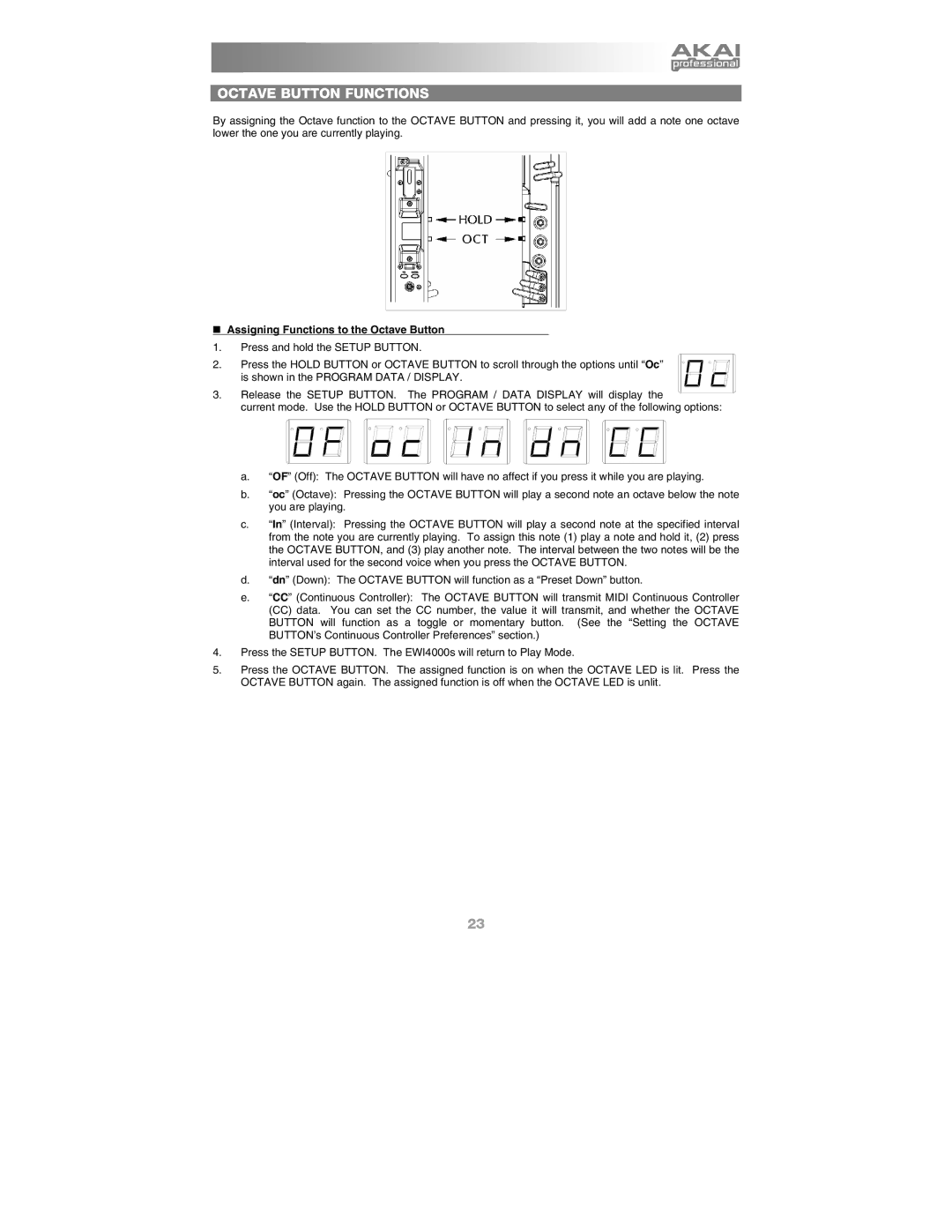 Akai Ewi4000s manual Octave Button Functions, „ Assigning Functions to the Octave Button 