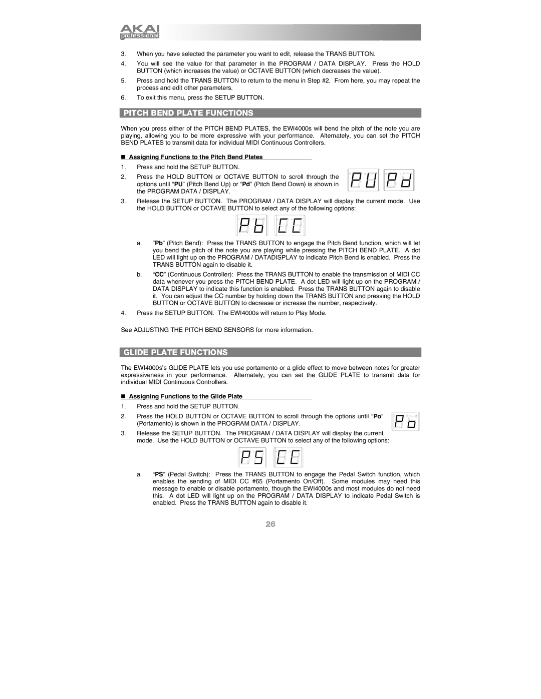 Akai Ewi4000s manual Pitch Bend Plate Functions, Glide Plate Functions, „ Assigning Functions to the Pitch Bend Plates 