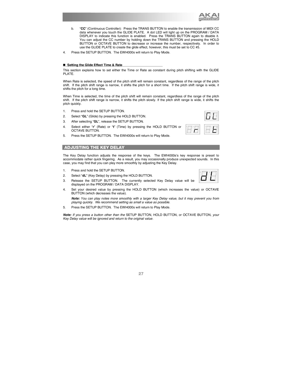 Akai Ewi4000s manual Adjusting the KEY Delay, „ Setting the Glide Effect Time & Rate 