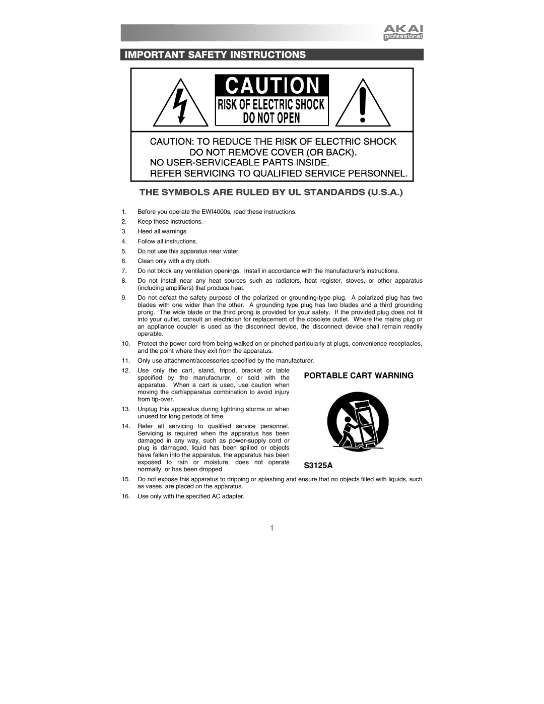 Akai Ewi4000s manual Important Safety Instructions, Portable Cart Warning 