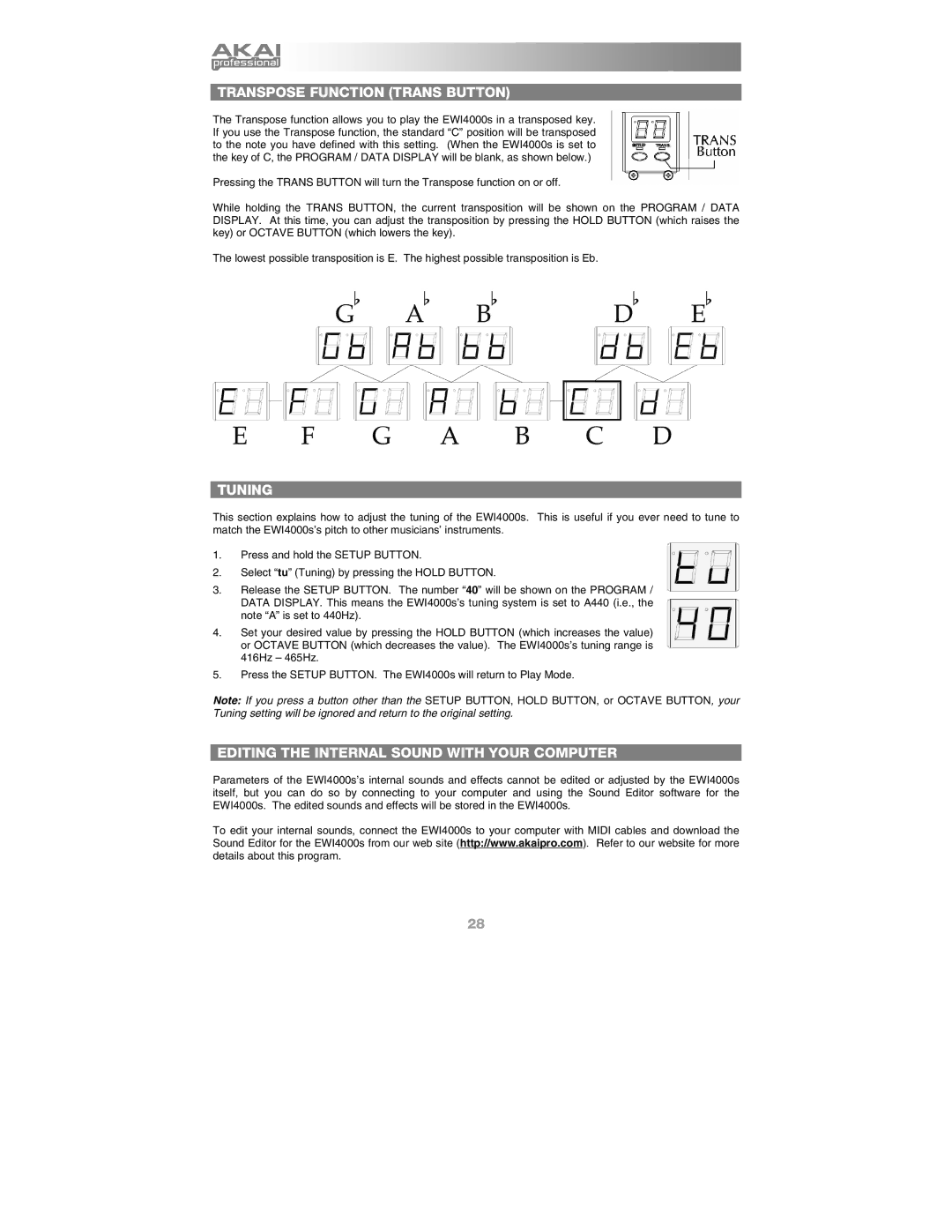 Akai Ewi4000s manual Transpose Function Trans Button, Tuning, Editing the Internal Sound with Your Computer 