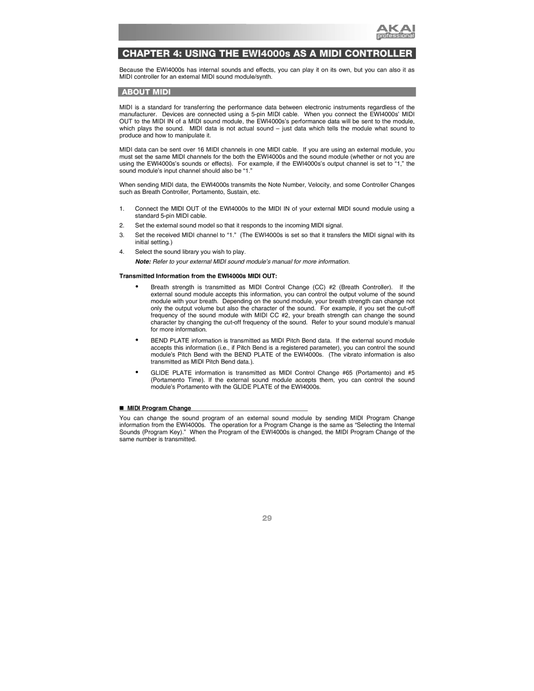 Akai Ewi4000s manual About Midi, Transmitted Information from the EWI4000s Midi OUT, „ Midi Program Change 