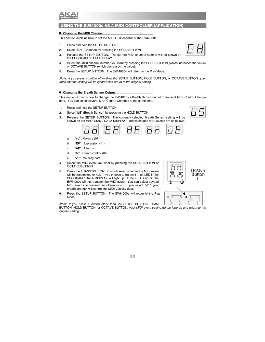 Akai Ewi4000s manual „ Changing the Midi Channel, „ Changing the Breath Sensor Output 