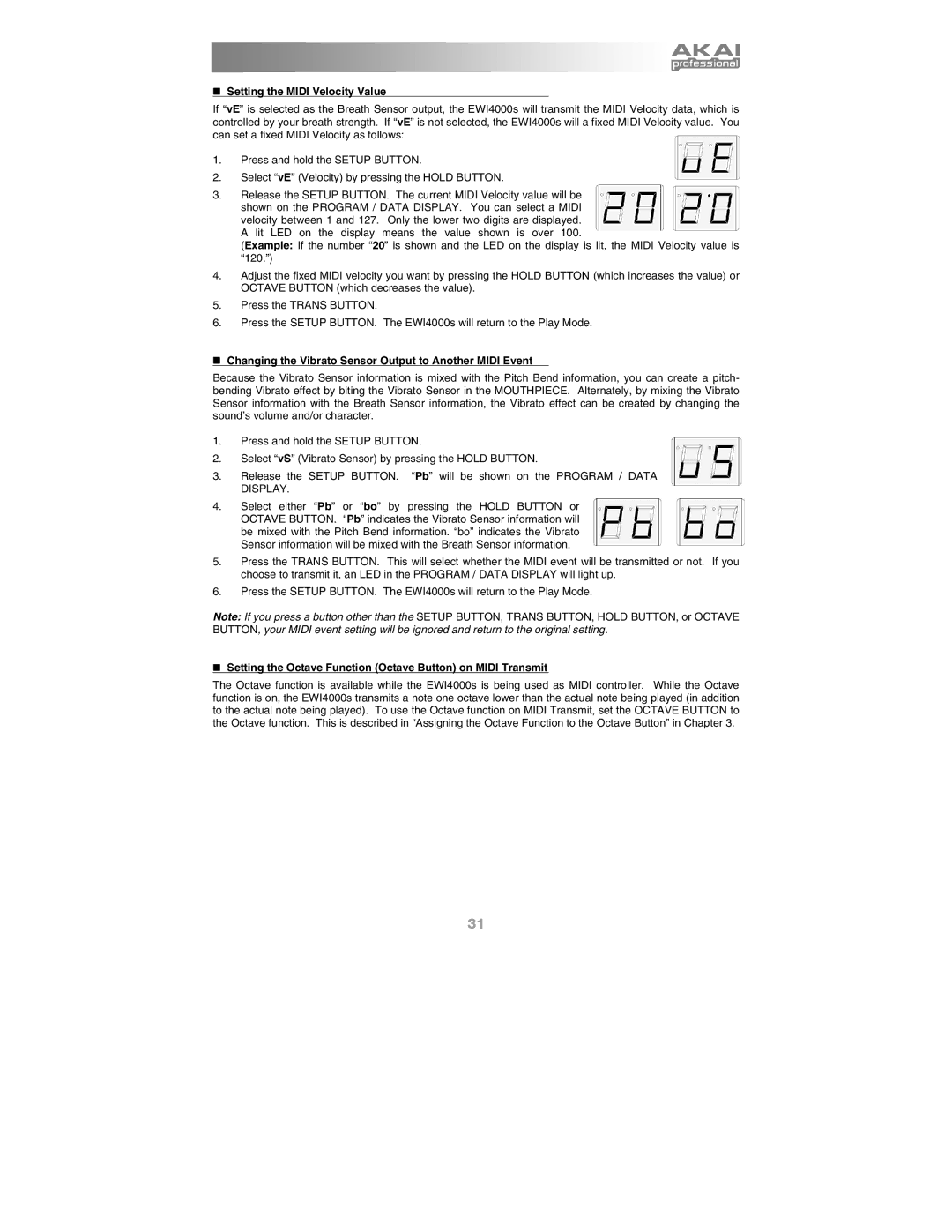 Akai Ewi4000s manual „ Setting the Midi Velocity Value, „ Changing the Vibrato Sensor Output to Another Midi Event 