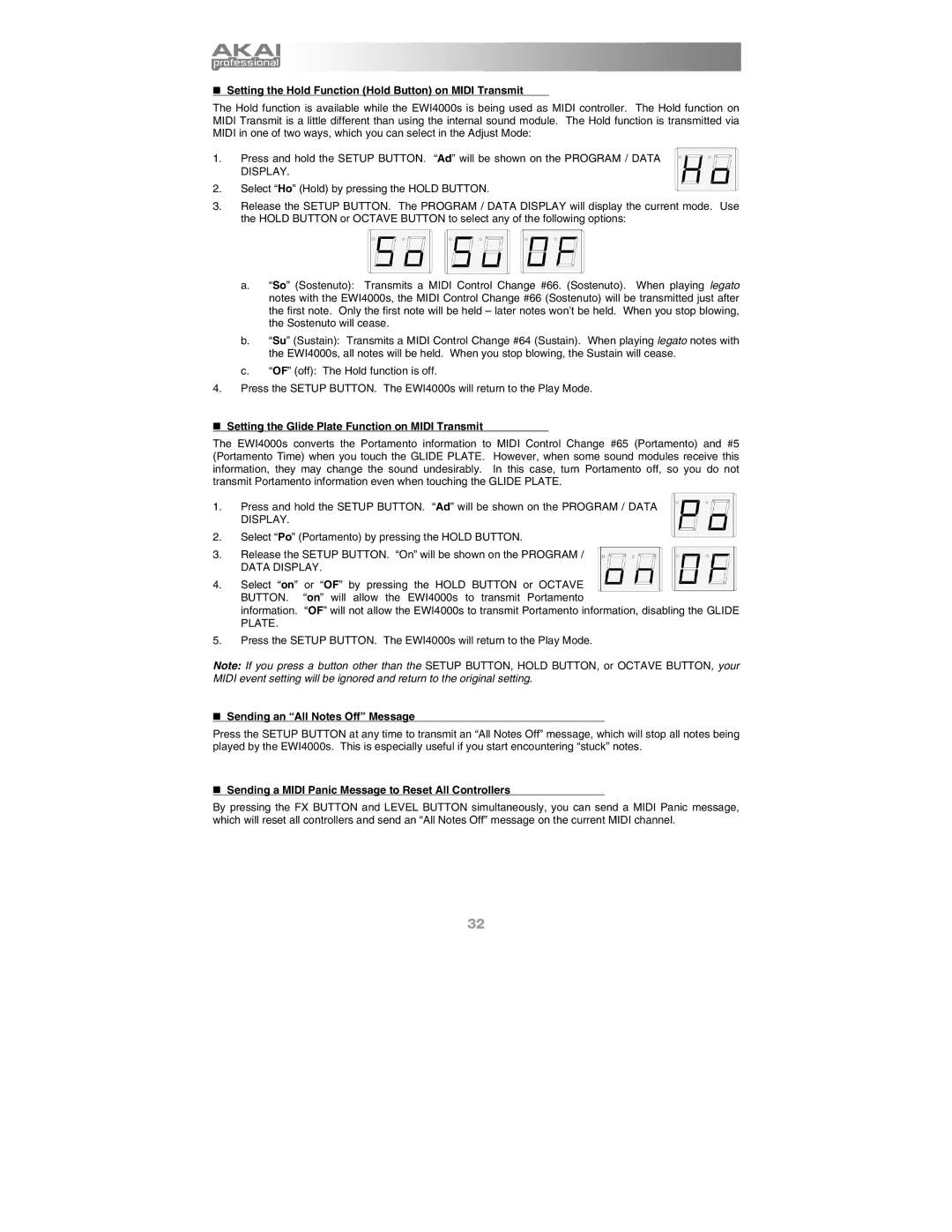 Akai Ewi4000s manual „ Setting the Hold Function Hold Button on Midi Transmit, „ Sending an All Notes Off Message 
