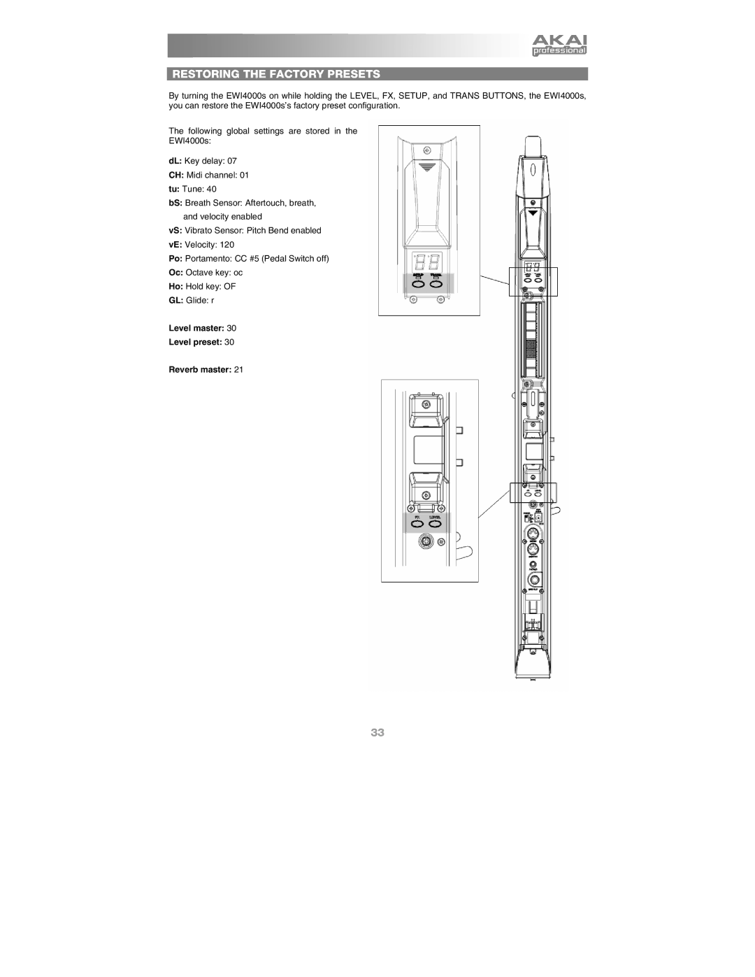 Akai Ewi4000s manual Restoring the Factory Presets, Level master Level preset Reverb master 