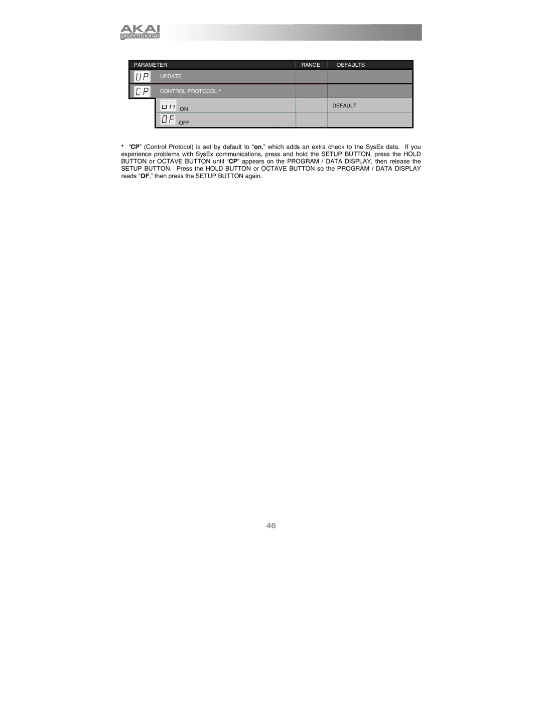 Akai Ewi4000s manual Parameter Range Defaults Update Control Protocol OFF 