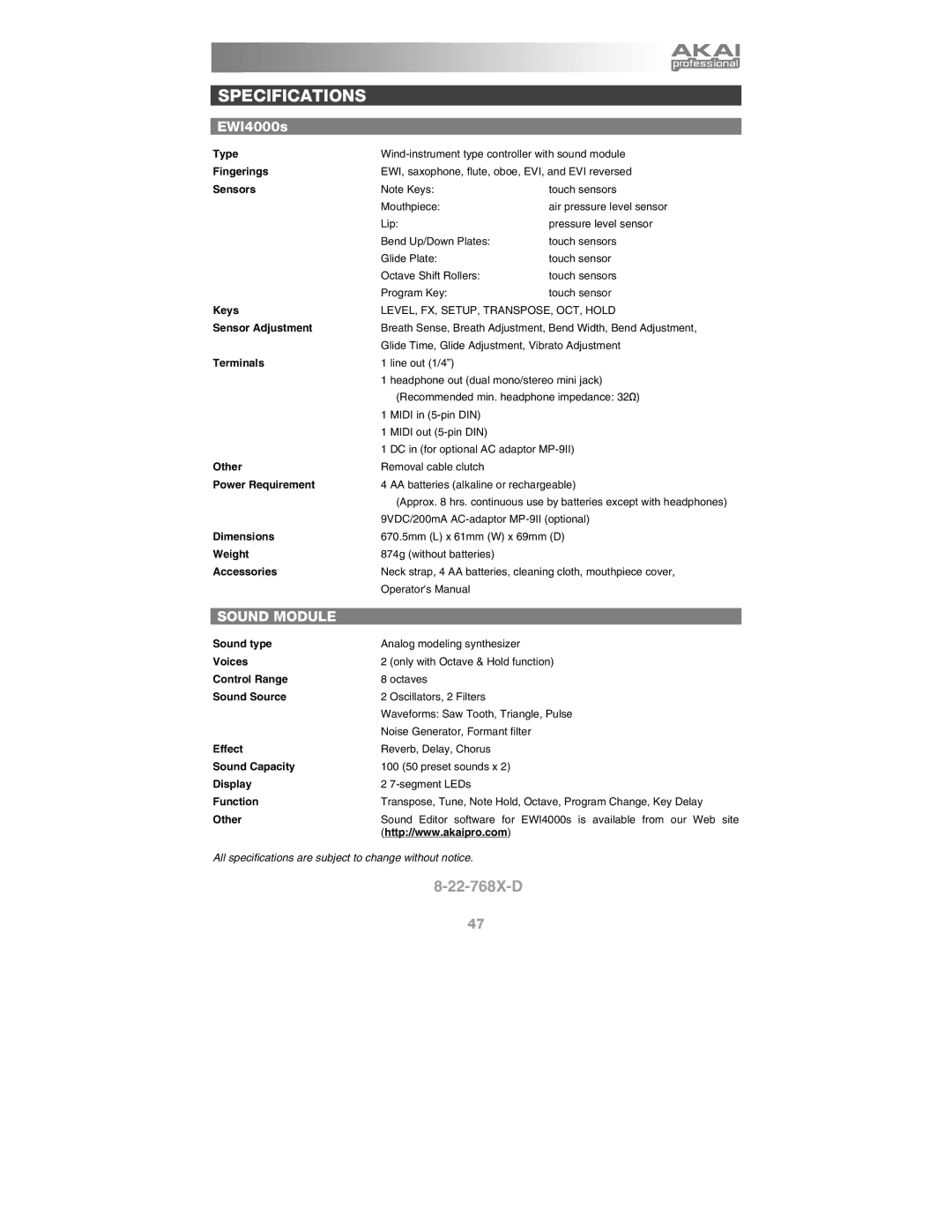 Akai Ewi4000s manual Specifications, Sound Module 