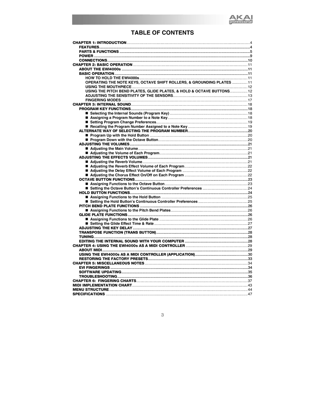 Akai Ewi4000s manual Table of Contents 