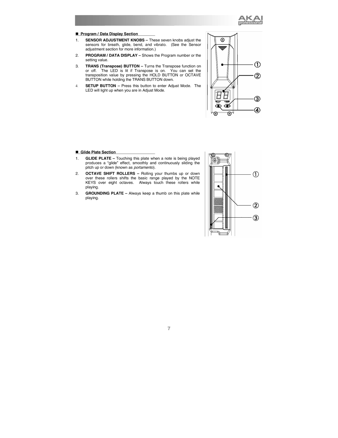 Akai Ewi4000s manual „ Program / Data Display Section, „ Glide Plate Section 