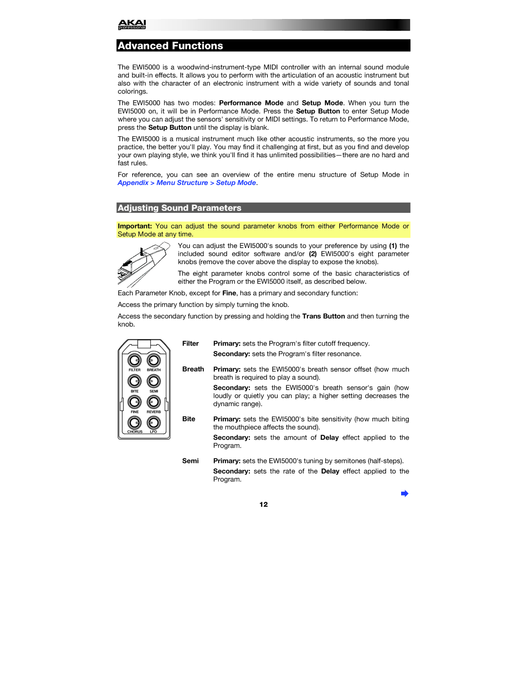 Akai EWI5000 manual Adjusting Sound Parameters, Filter, Breath, Bite, Semi 