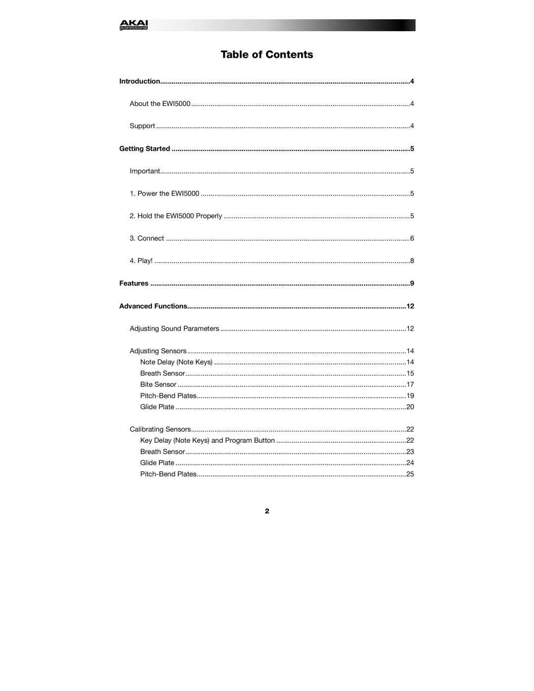 Akai EWI5000 manual Table of Contents 