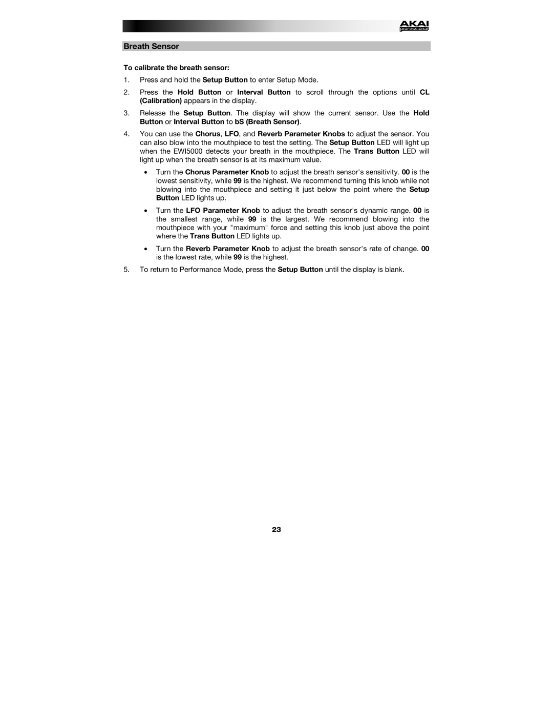 Akai EWI5000 manual Breath Sensor, To calibrate the breath sensor 