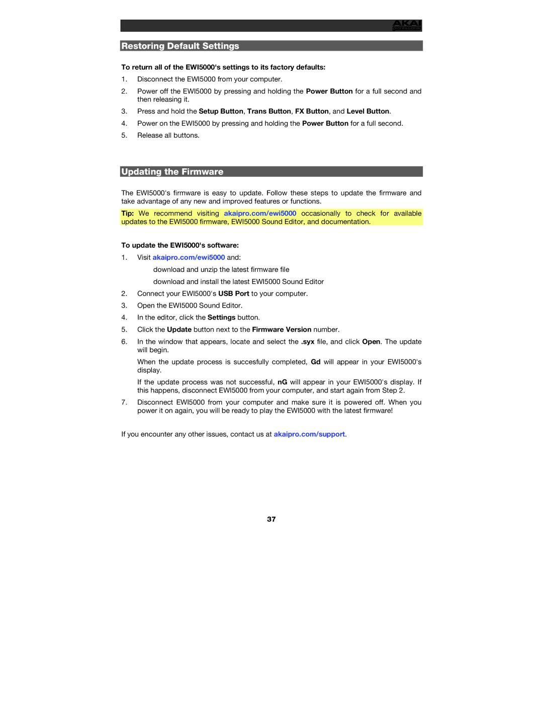 Akai manual Restoring Default Settings, Updating the Firmware, To update the EWI5000s software 