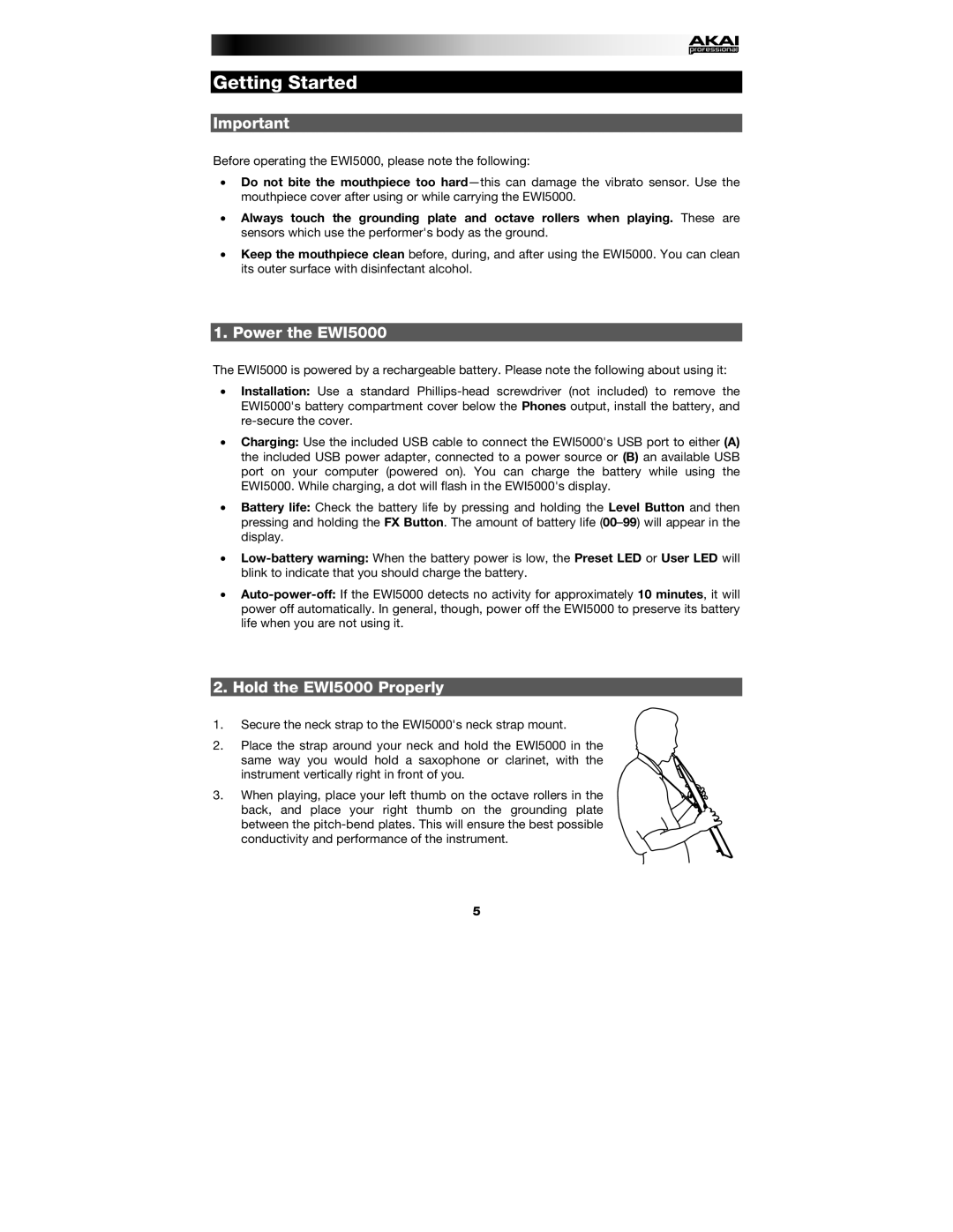 Akai manual Power the EWI5000, Hold the EWI5000 Properly 