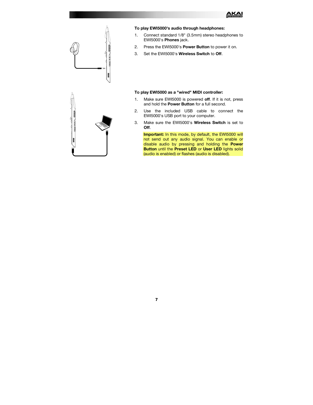 Akai manual To play EWI5000s audio through headphones, To play EWI5000 as a wired Midi controller 