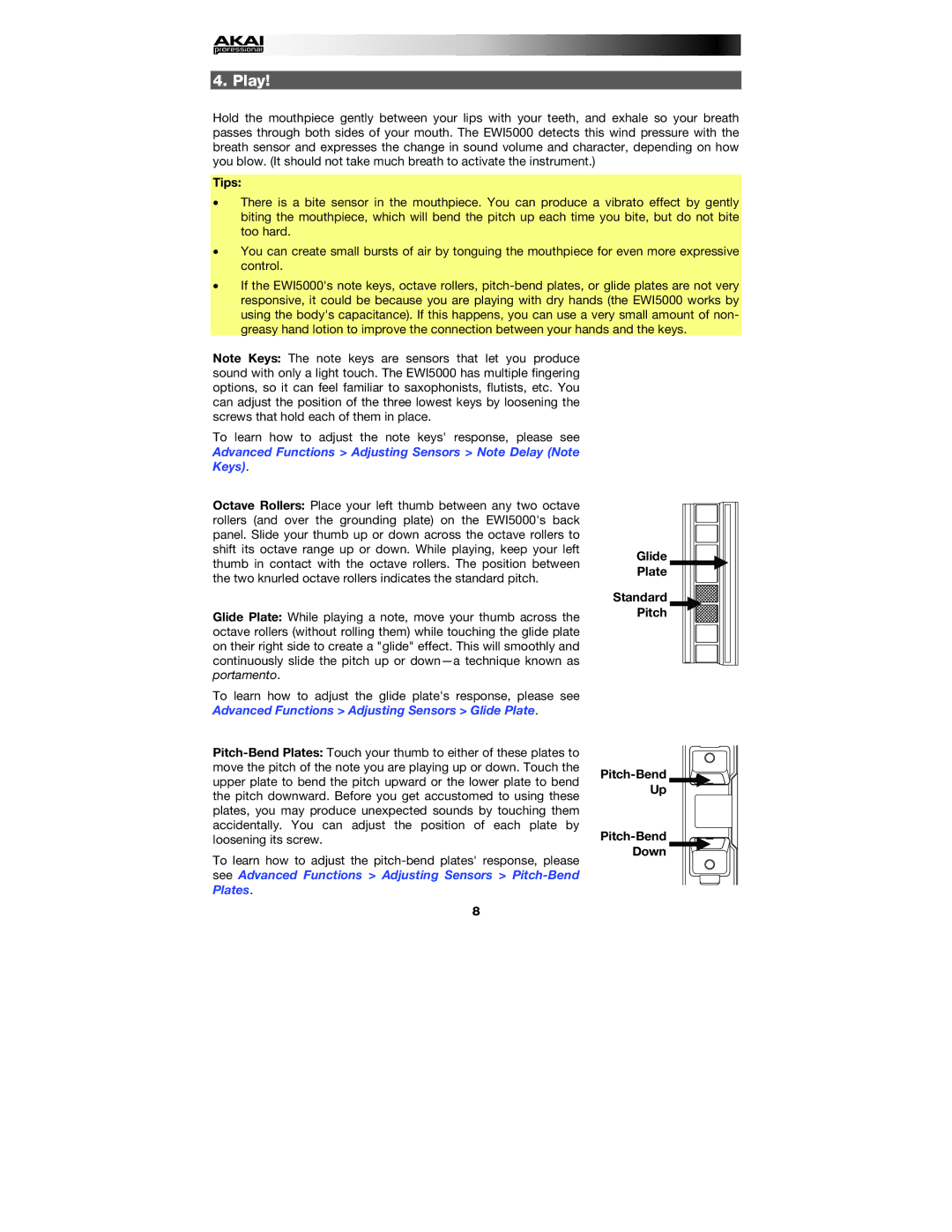 Akai EWI5000 manual Play, Tips, Glide Plate Standard Pitch Pitch-Bend Up Pitch-Bend Down 