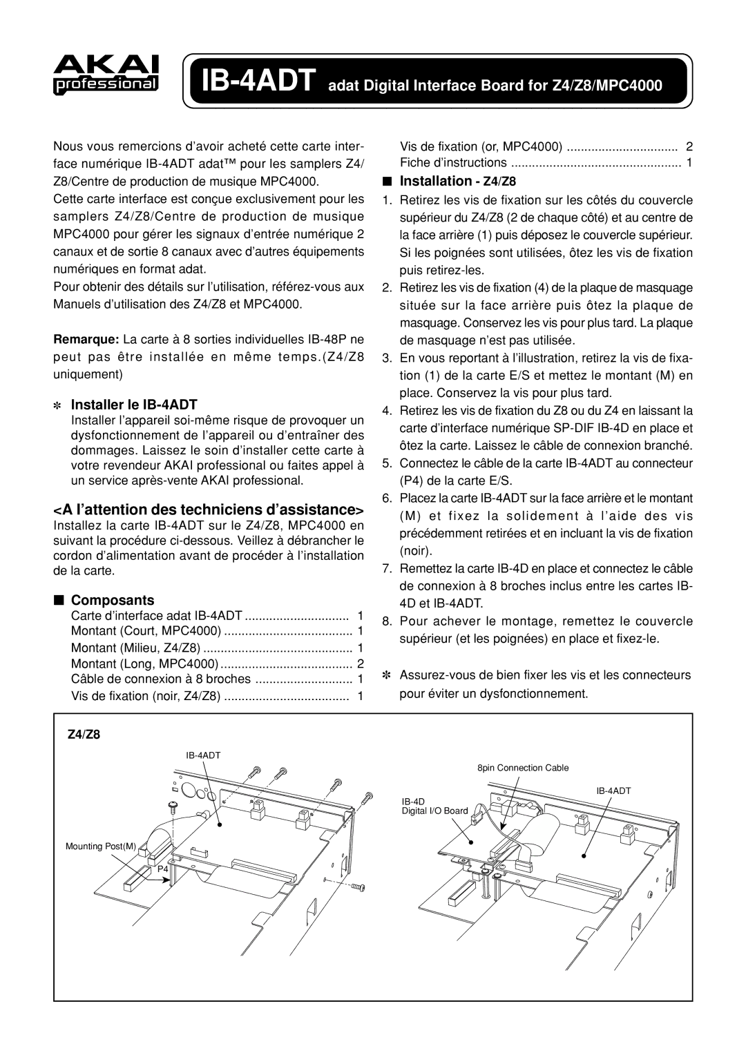 Akai instruction sheet Installer le IB-4ADT, Composants 