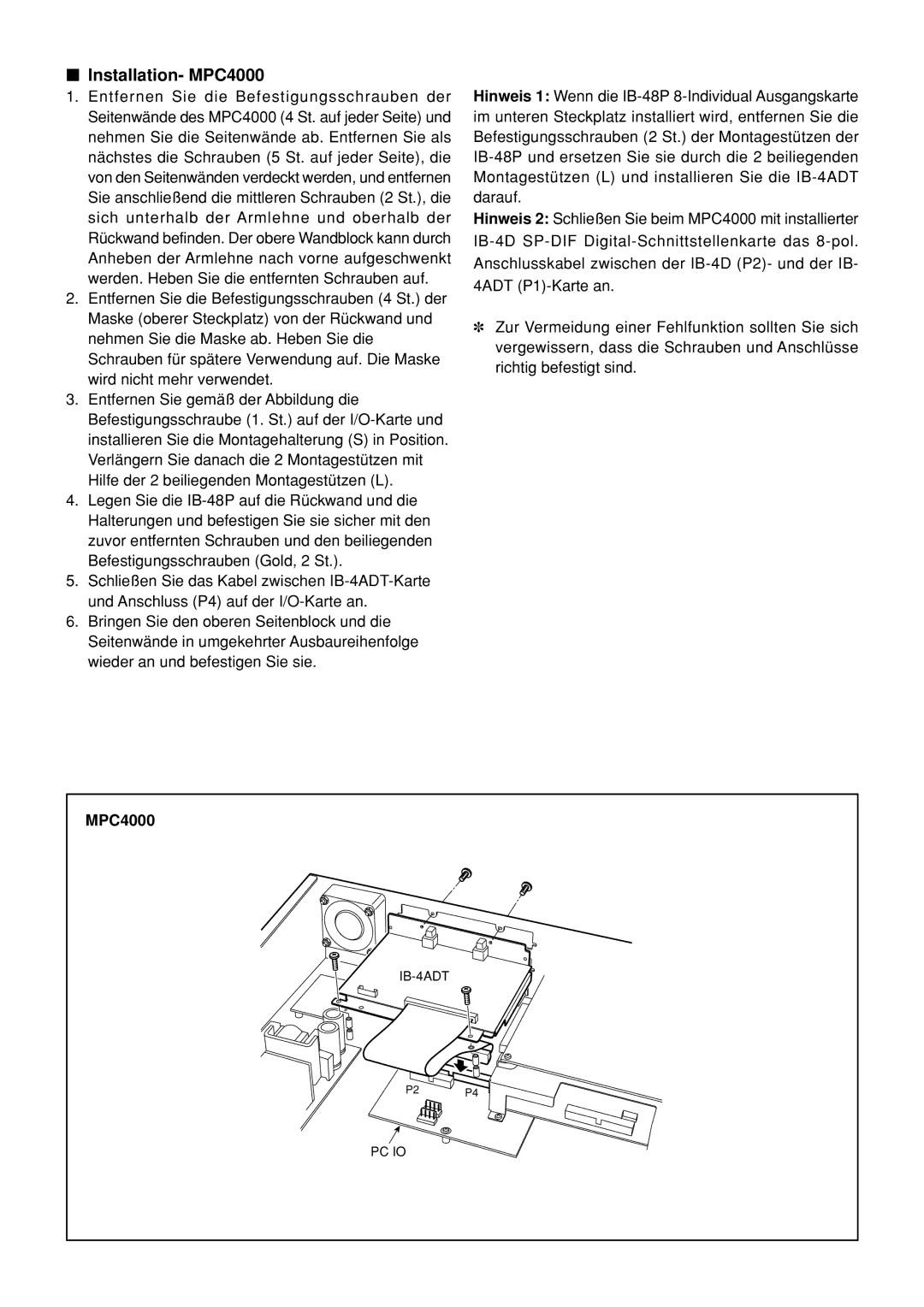 Akai IB-4ADT instruction sheet Installation- MPC4000 