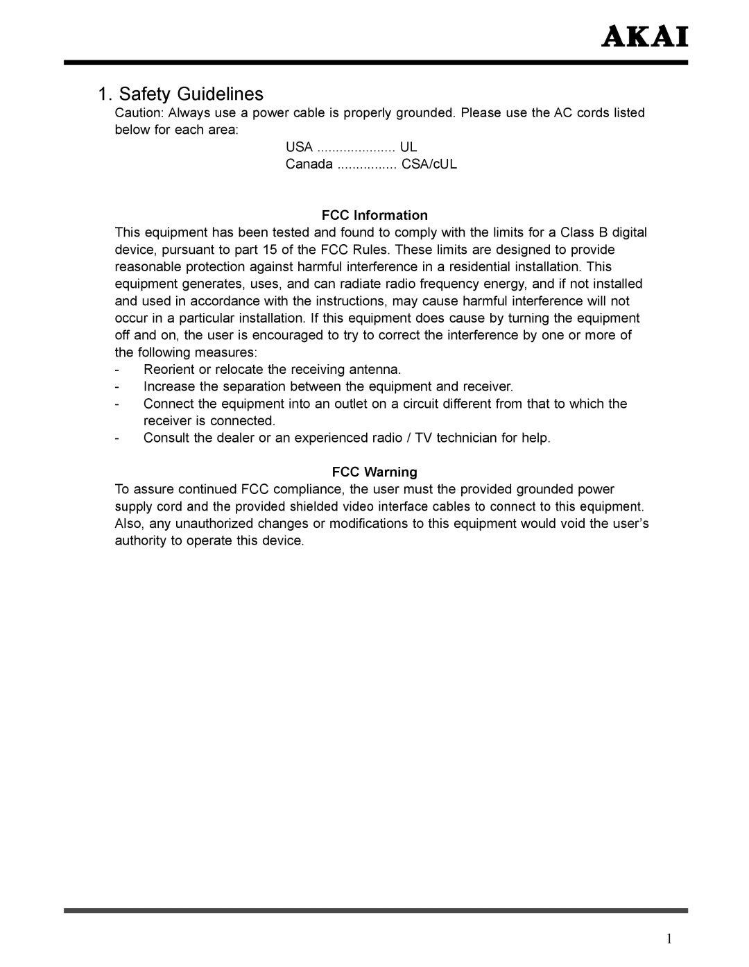 Akai LCT3226 manual Safety Guidelines, FCC Information, FCC Warning 