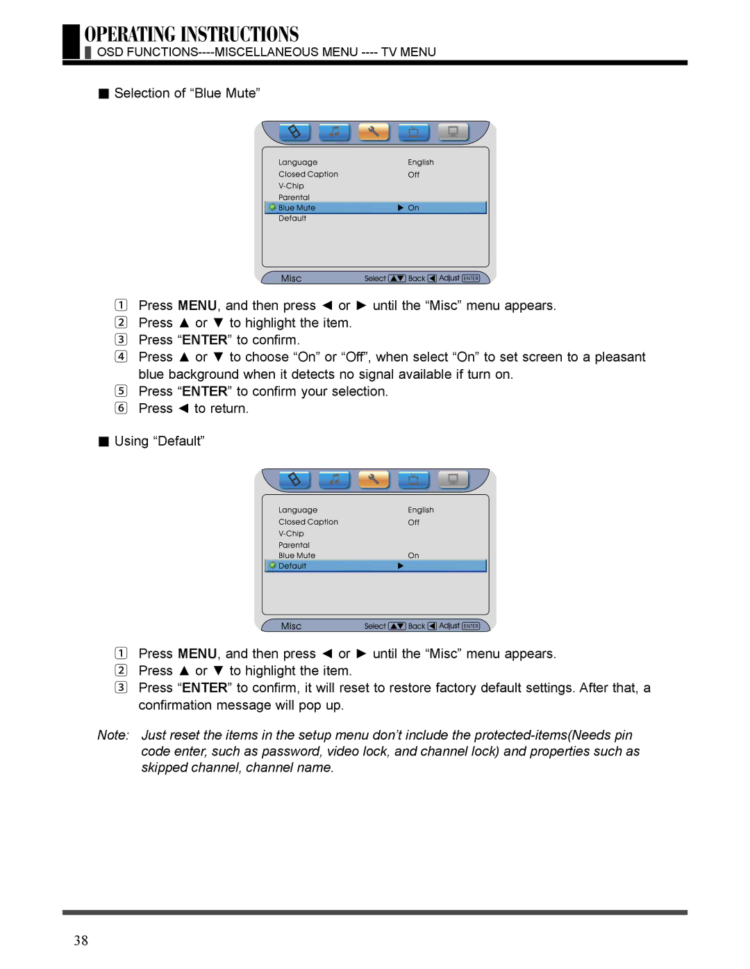 Akai LCT3226 manual OSD FUNCTIONS----MISCELLANEOUS Menu ---- TV Menu 