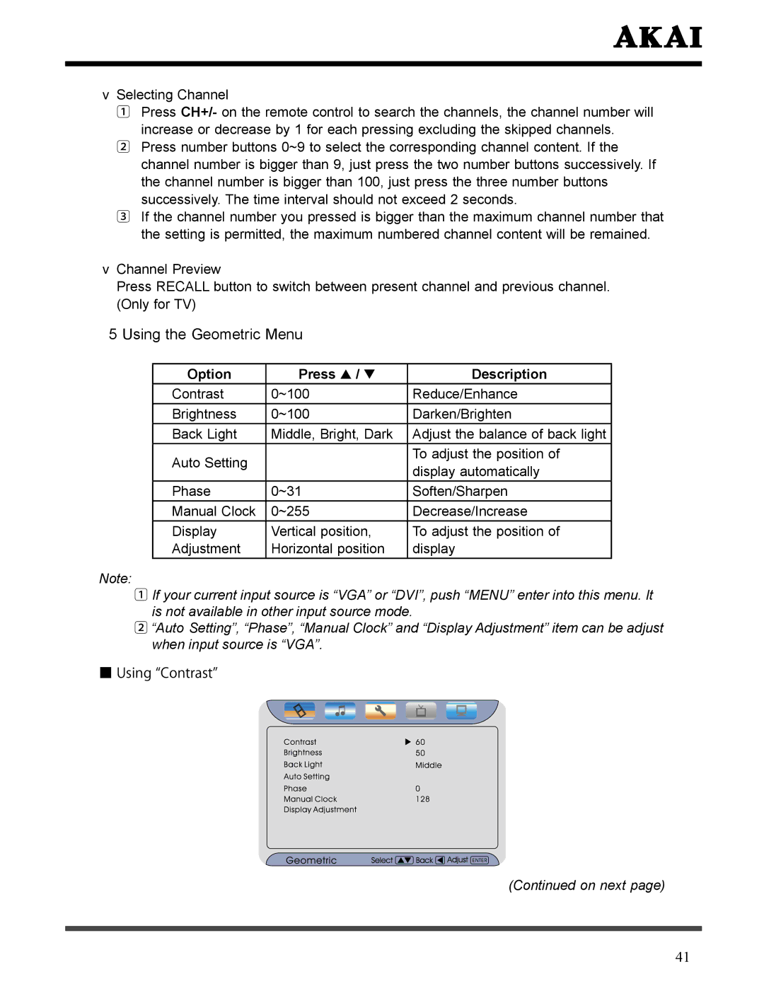 Akai LCT3226 manual Using the Geometric Menu 