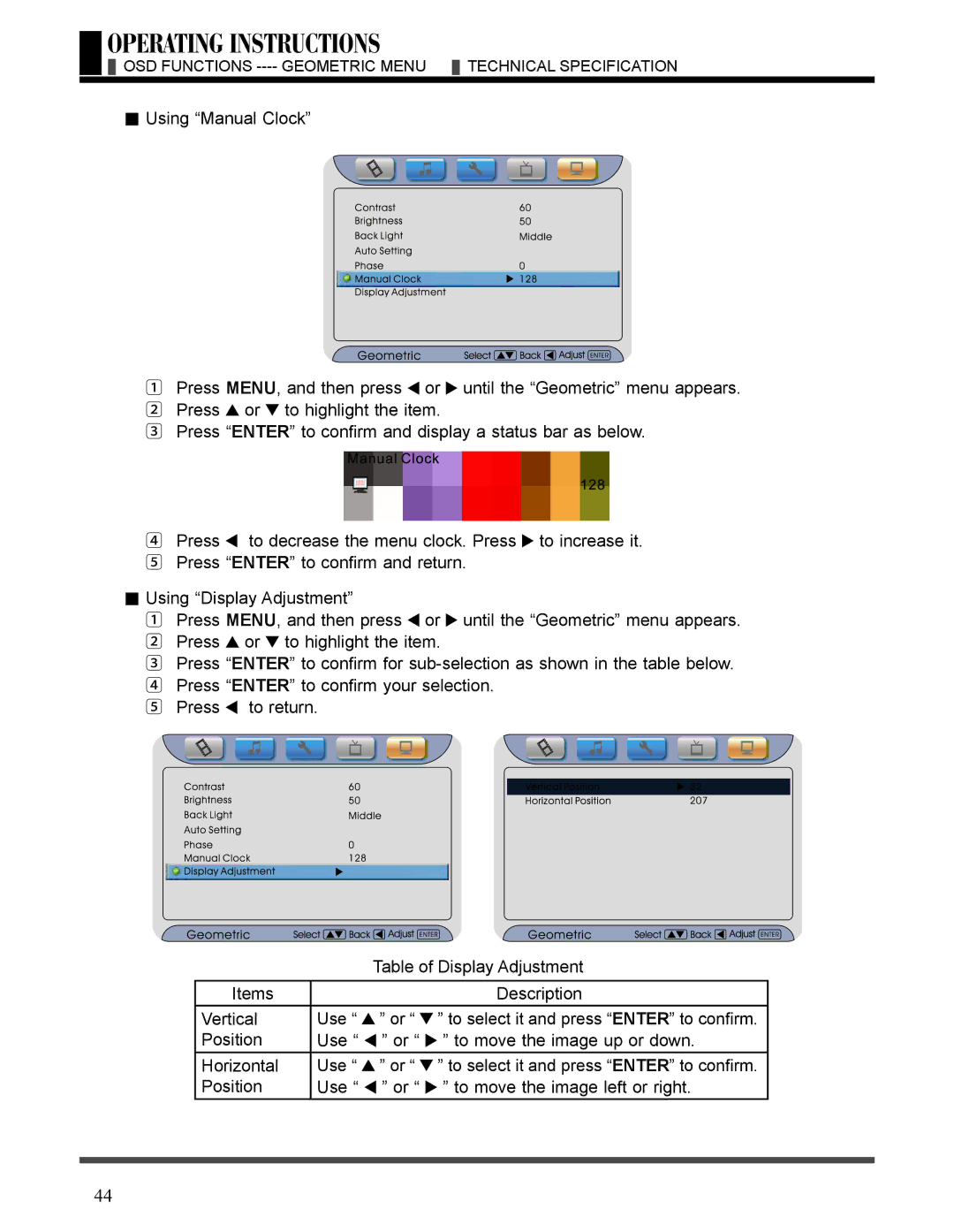 Akai LCT3226 manual OSD Functions ---- Geometric Menu Technical Specification 