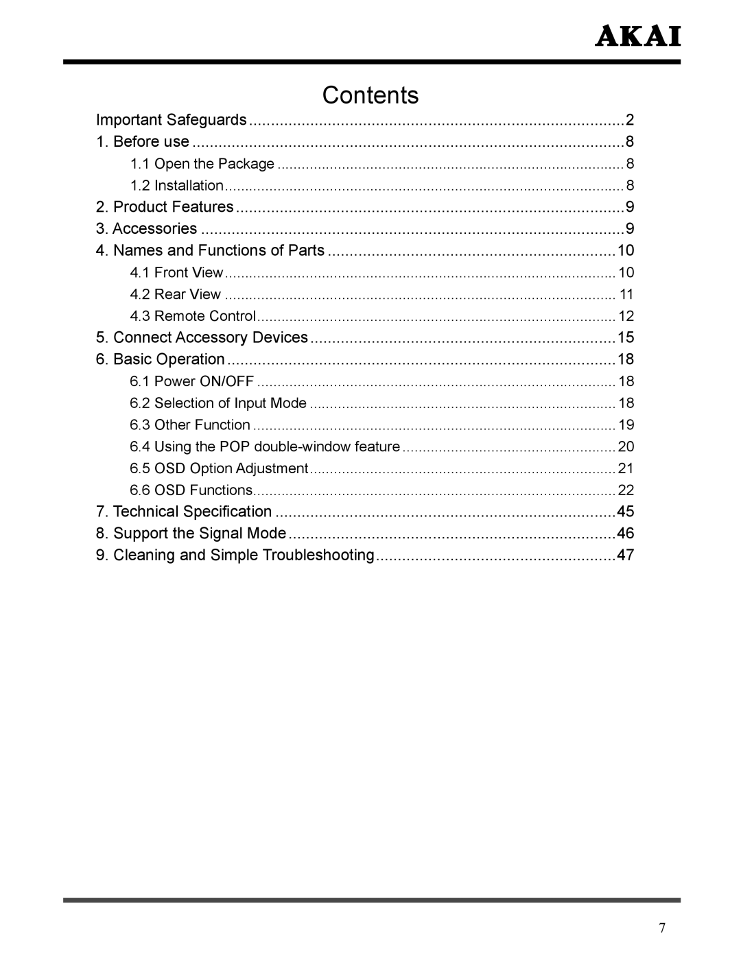 Akai LCT3226 manual Contents 