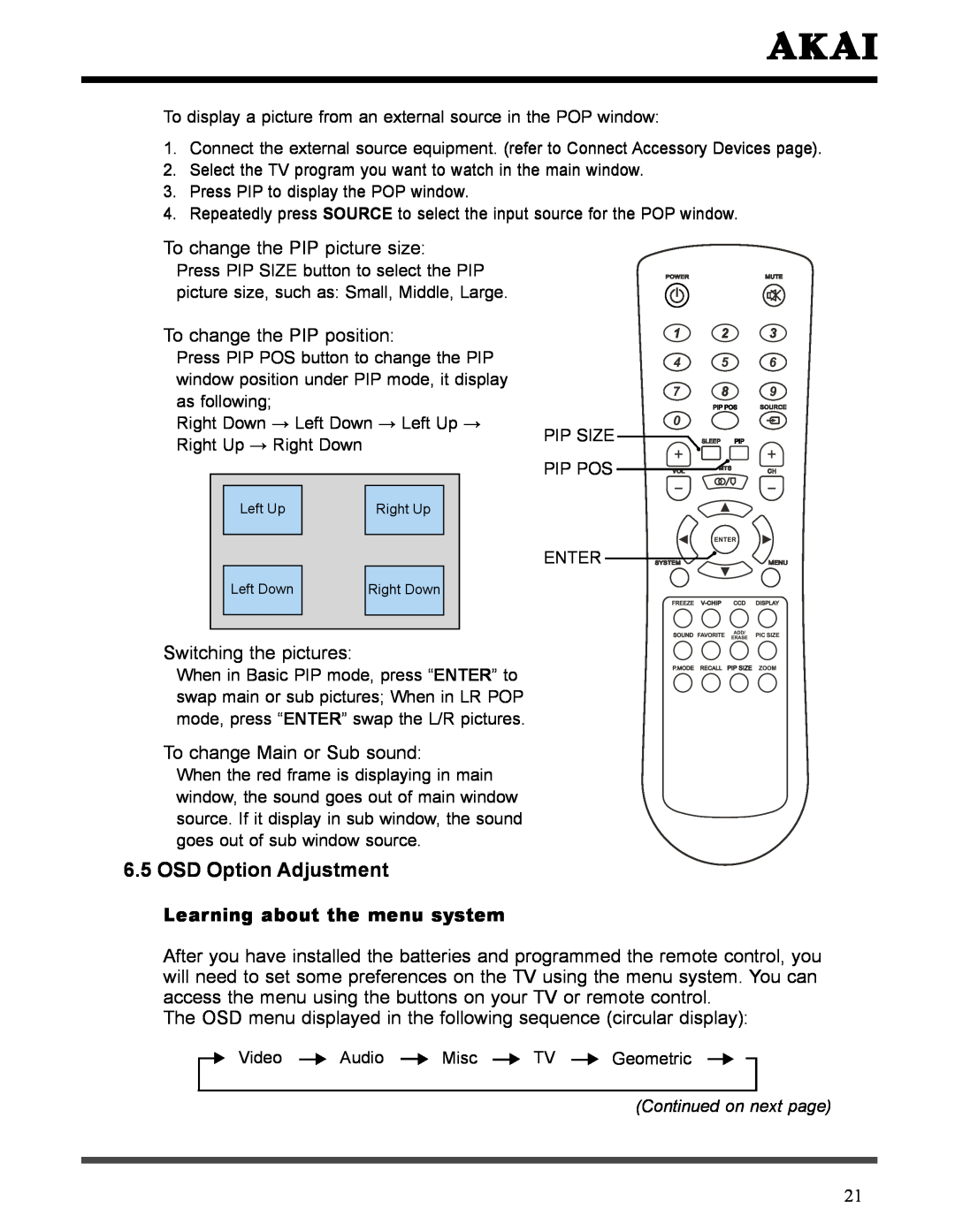 Akai LCT3226 manual OSD Option Adjustment, Learning about the menu system, Continued on next page 
