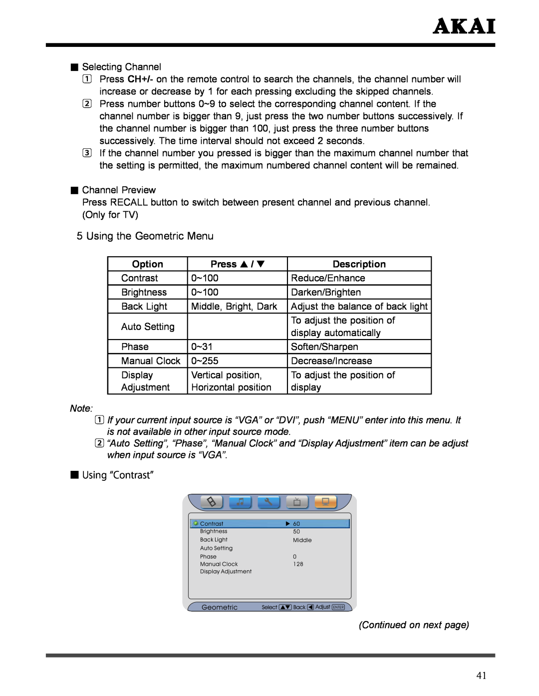 Akai LCT3226 manual Using the Geometric Menu, Option, Press, Description, Continued on next page 