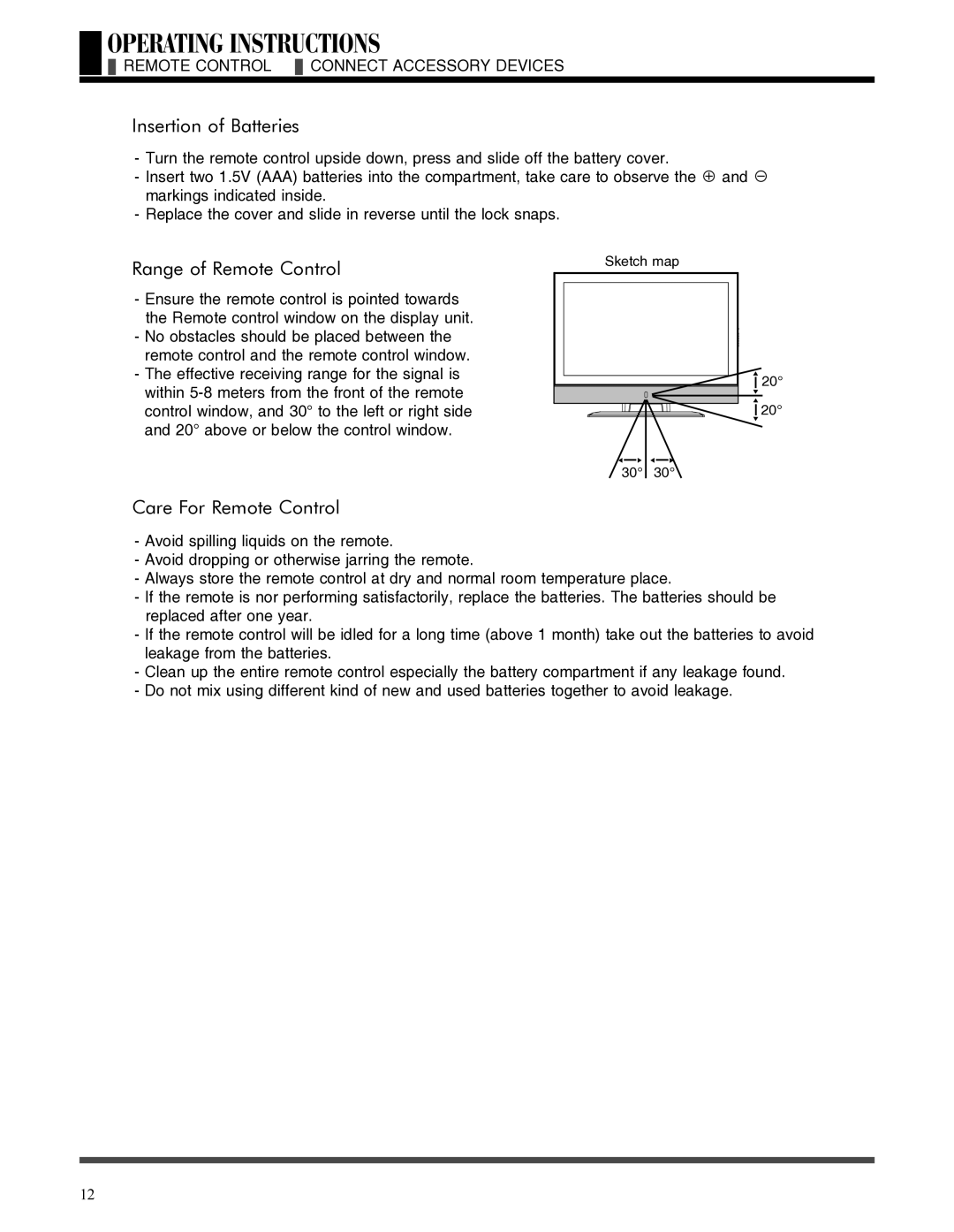 Akai LCT3785TA manual Insertion of Batteries, Range of Remote Control, Care For Remote Control 