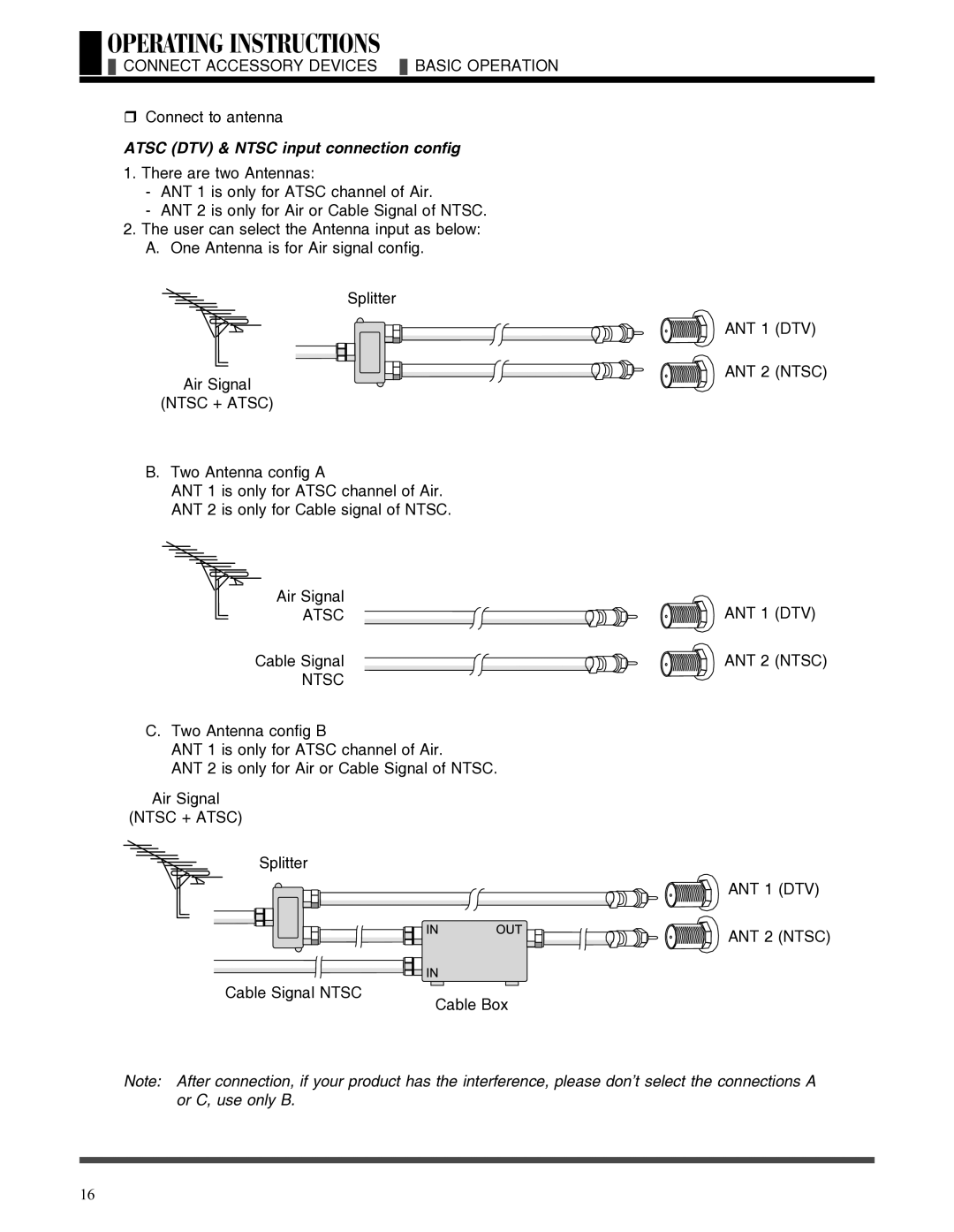 Akai LCT3785TA manual Connect Accessory Devices Basic Operation, ANT 1 DTV ANT 2 Ntsc Ntsc + Atsc, ANT DTV Atsc, ANT Ntsc 